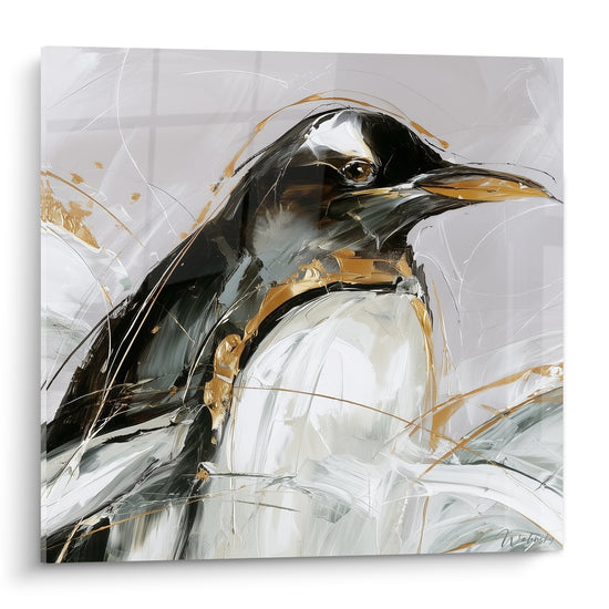 Manchot empereur peint en noir, blanc et doré, bec orangé, regard perçant sur fond gris texturé