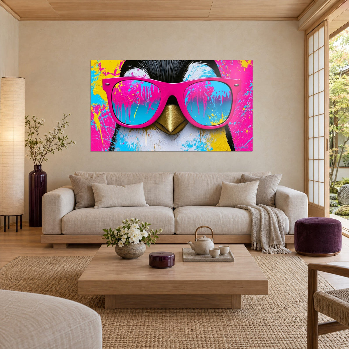 Quadro pinguino trendy con occhiali fucsia, becco dorato, sfondo giallo e turchese schizzato, sopra un divano in un soggiorno luminoso