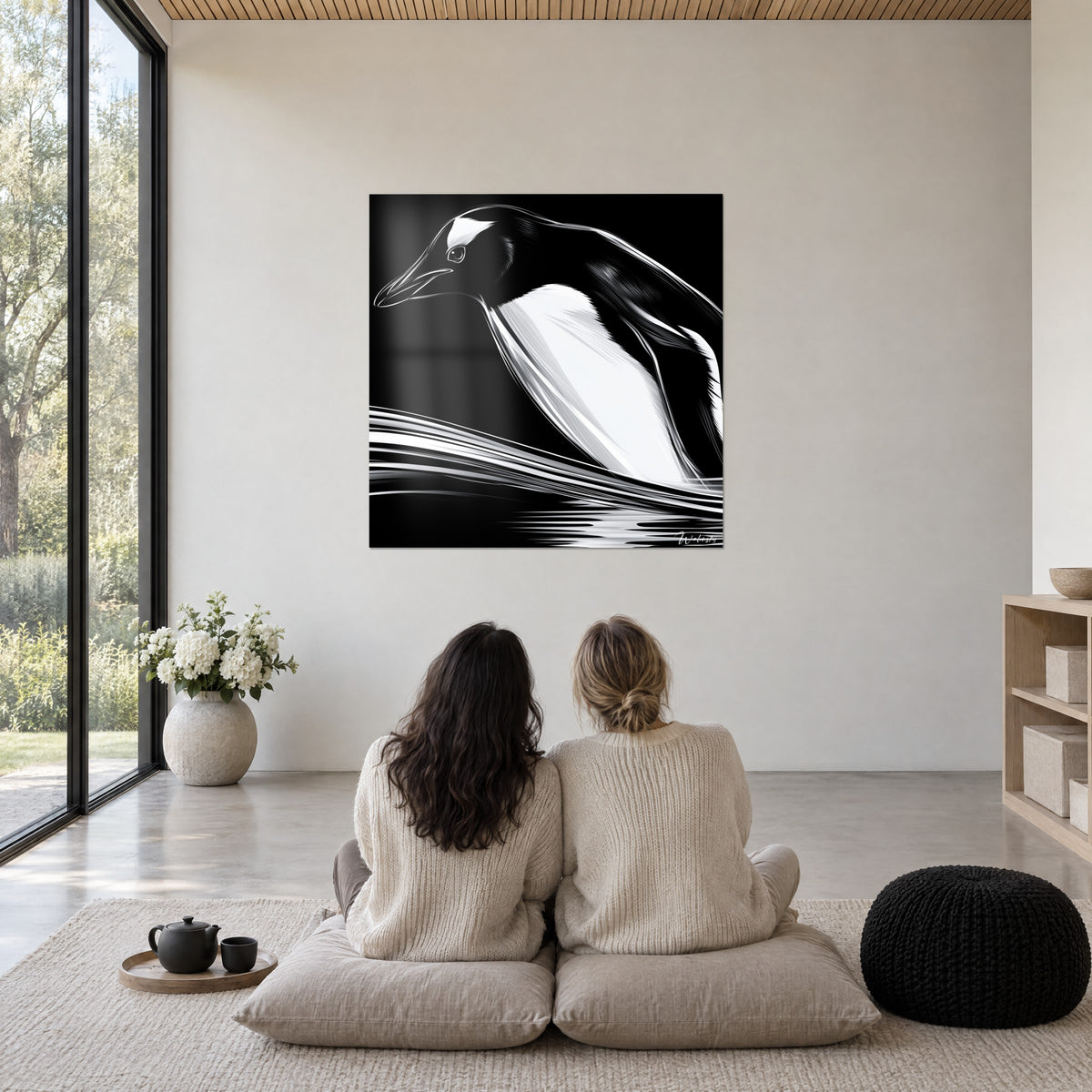 Tableau oiseau polaire élancé, tête noire à tache blanche, ondulations argentées, regardé depuis des coussins dans un séjour