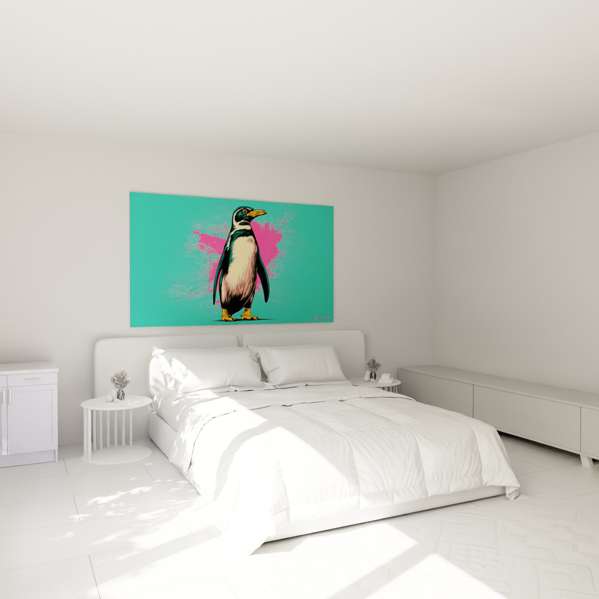 Silhouette de pingouin turquoise et rose accrochée au-dessus d'un lit dans une chambre claire