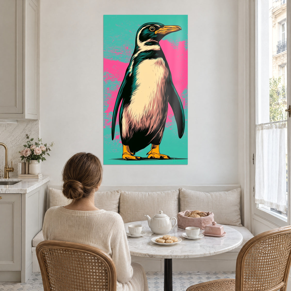 Tableau pingouin de style comics, poitrail beige rosé et aile vert foncé, sur turquoise tacheté de rose, au mur d'une cuisine lumineuse