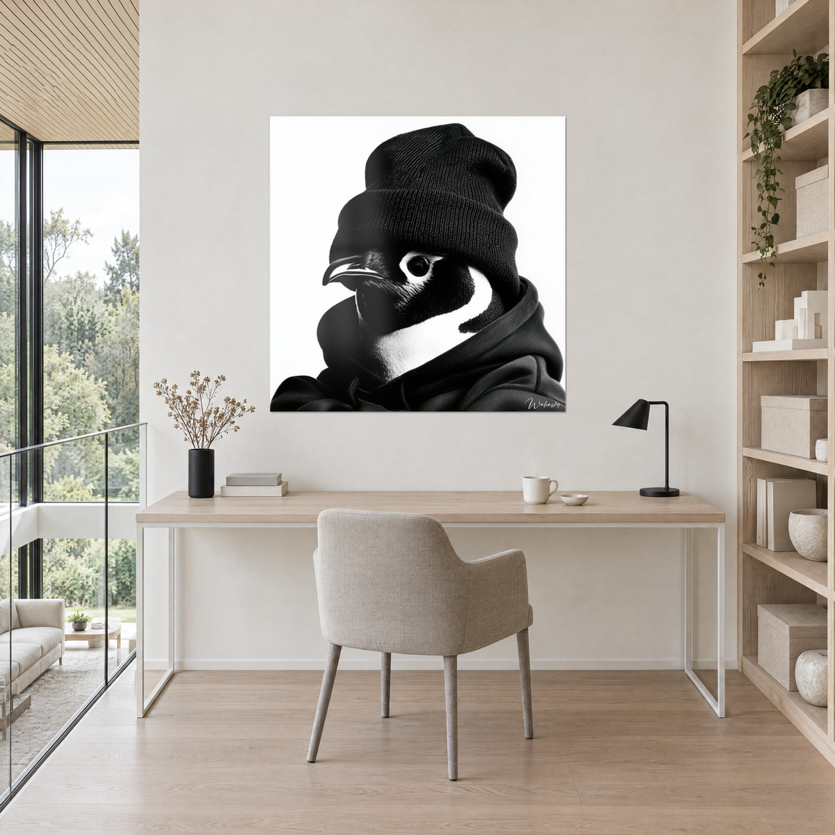 Tableau pingouin streetwear, bonnet noir ras du regard et capuche anthracite sur fond blanc, face à un bureau en bois clair