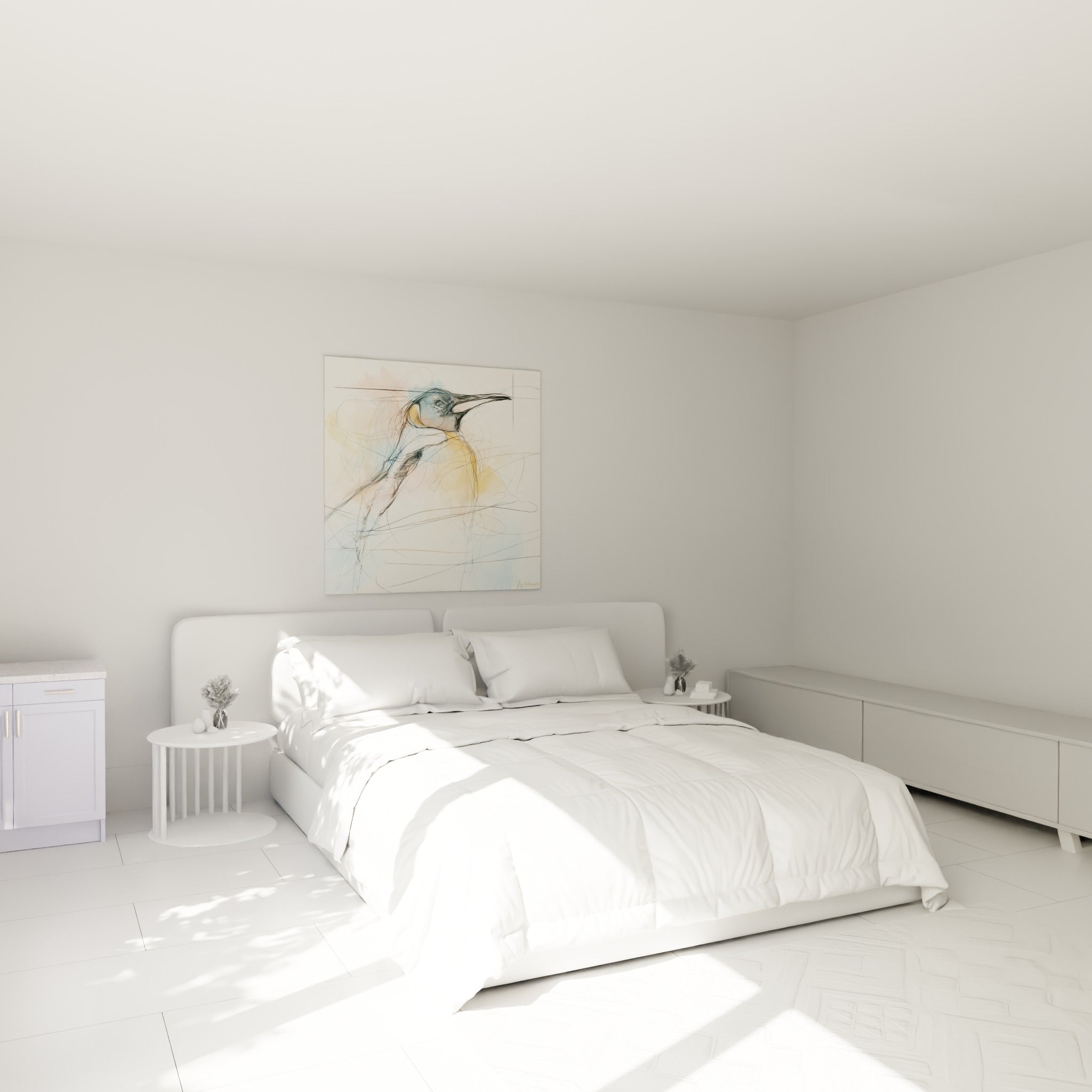 Bec noir effilé et buste ocre du pingouin esquissé, accroché au-dessus d'un lit dans une chambre claire