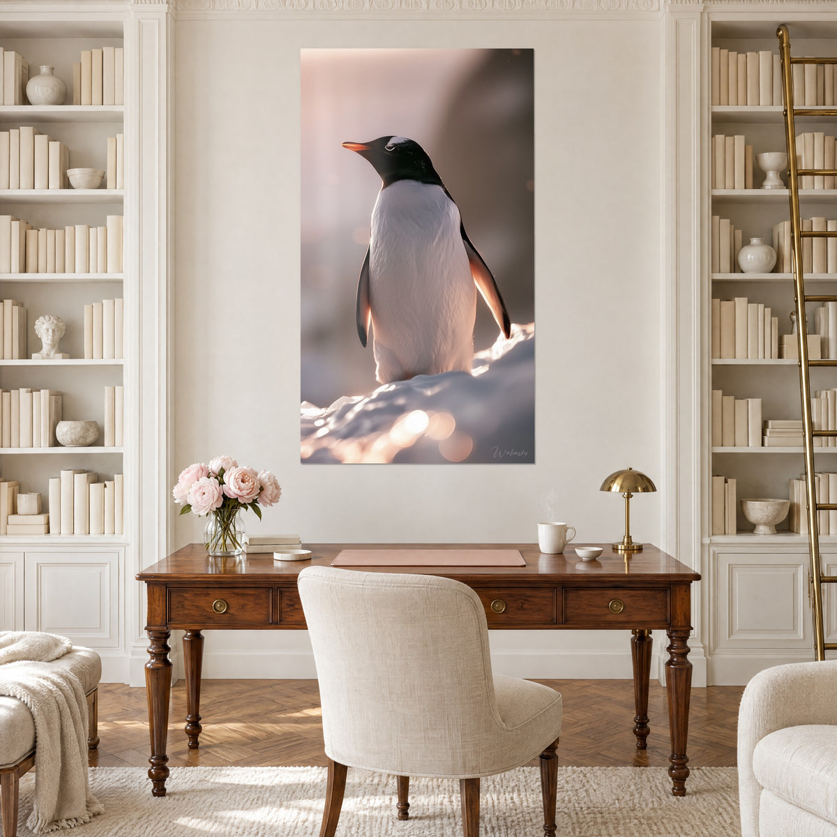 Cuadro pingüino papúa de perfil mirando a la izquierda, cabeza negra, mancha blanca, fondo rosa polvo, escritorio de madera y biblioteca haussmanniana