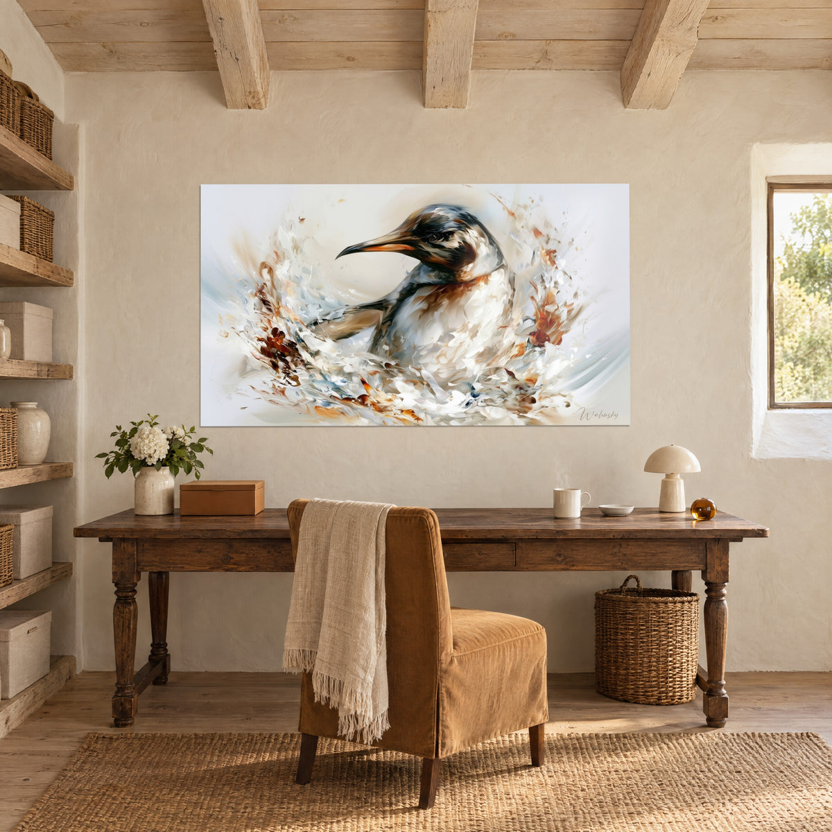 Schilderij vogelsilhouet dat opduikt uit wit en oranje schuim, hangend boven een antiek houten bureau en een okerkleurige stoel