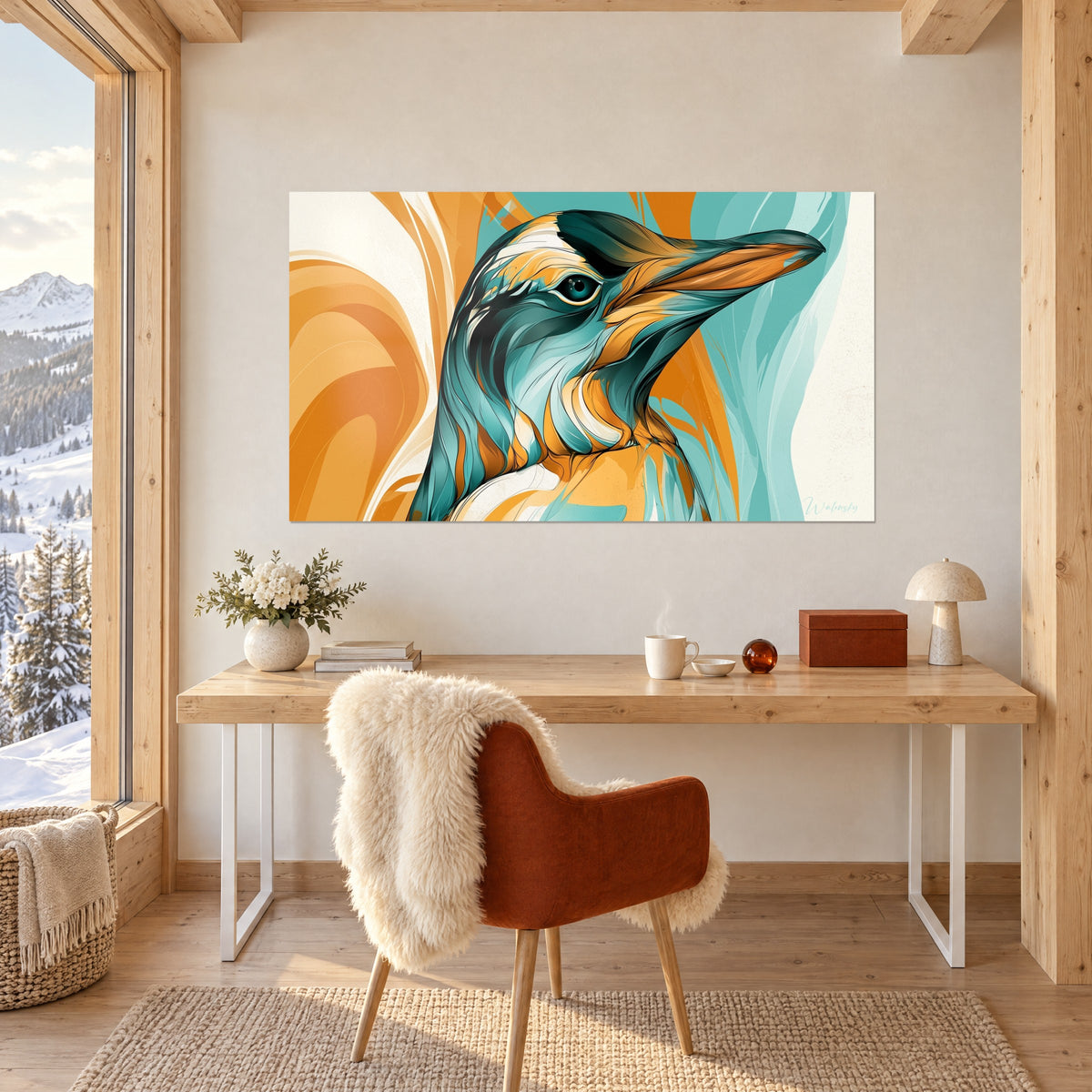 Wall art of a penguin profile with orange and turquoise streaks, dark eye ringed in white, pale wall above a wooden desk