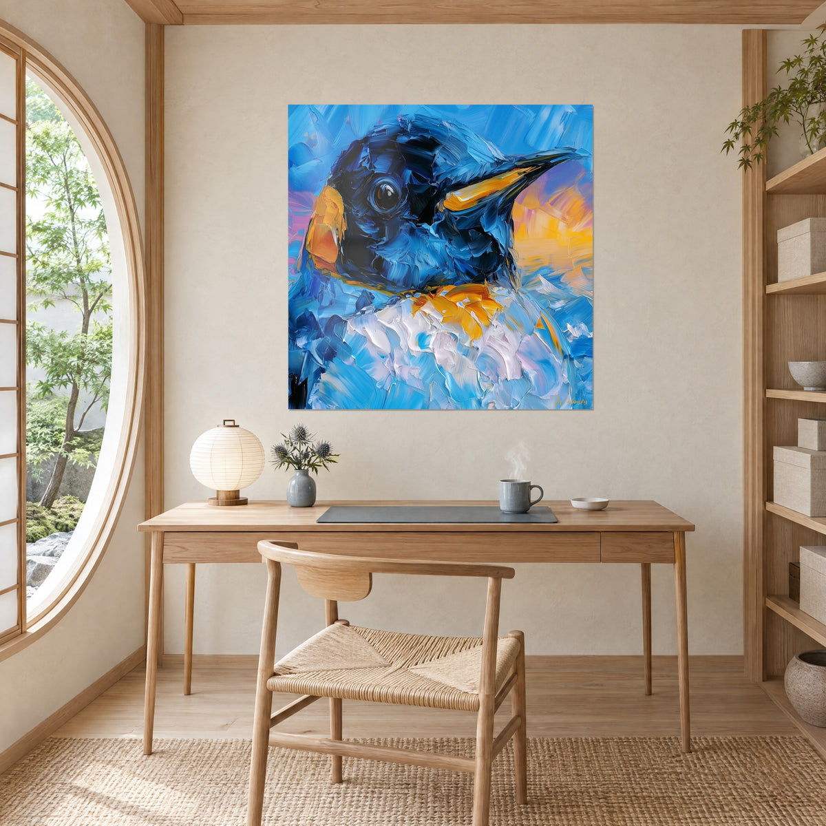 Tableau bec orange massif et œil sombre perlé, plumage bleu ciel strié de blanc, face à un bureau en chêne clair et sa lampe ronde