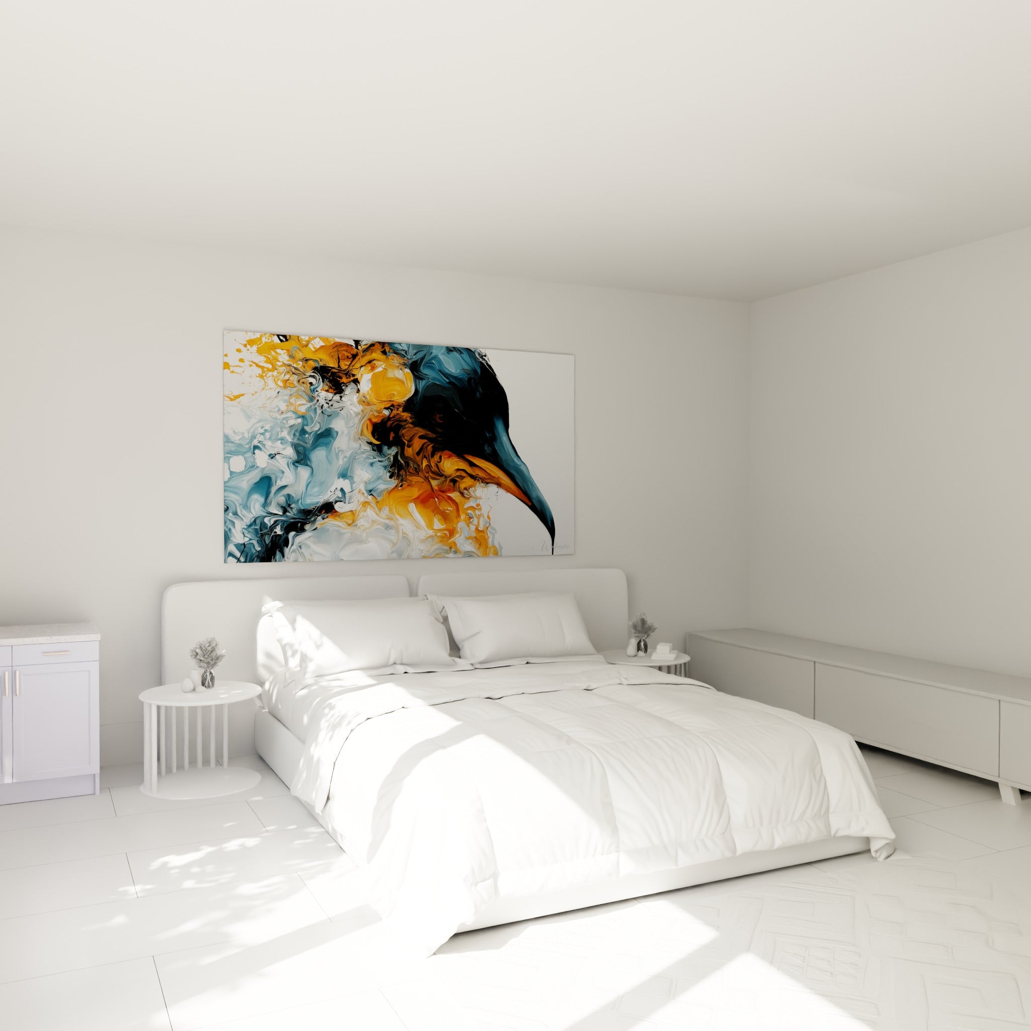 Bec orangé et crâne bleu ardoise du pingouin peint, accroché au-dessus d'un lit dans une chambre claire