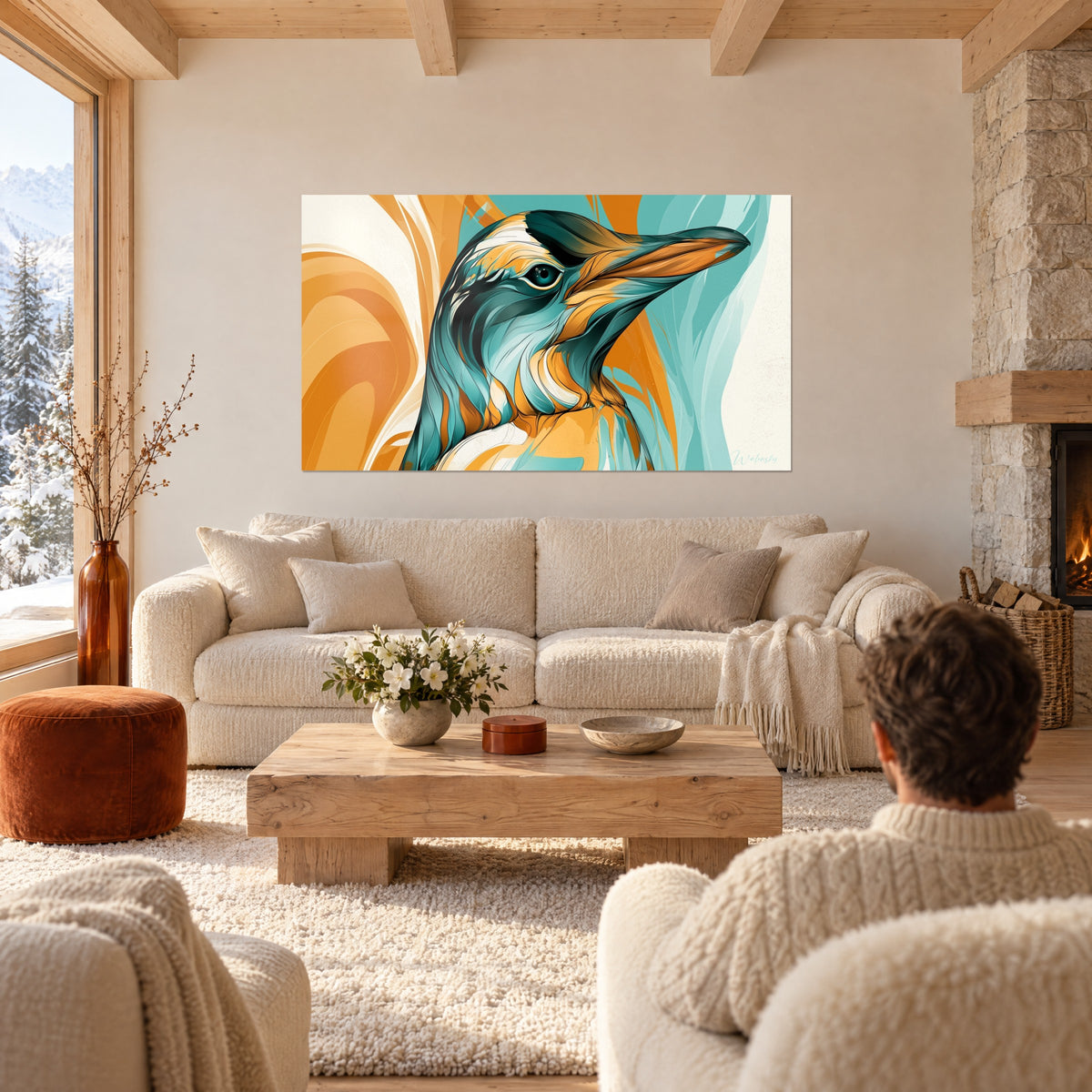 Wall art of a penguin with turquoise and orange swirls, cream-ringed eye, hanging above a sofa in a bright living room