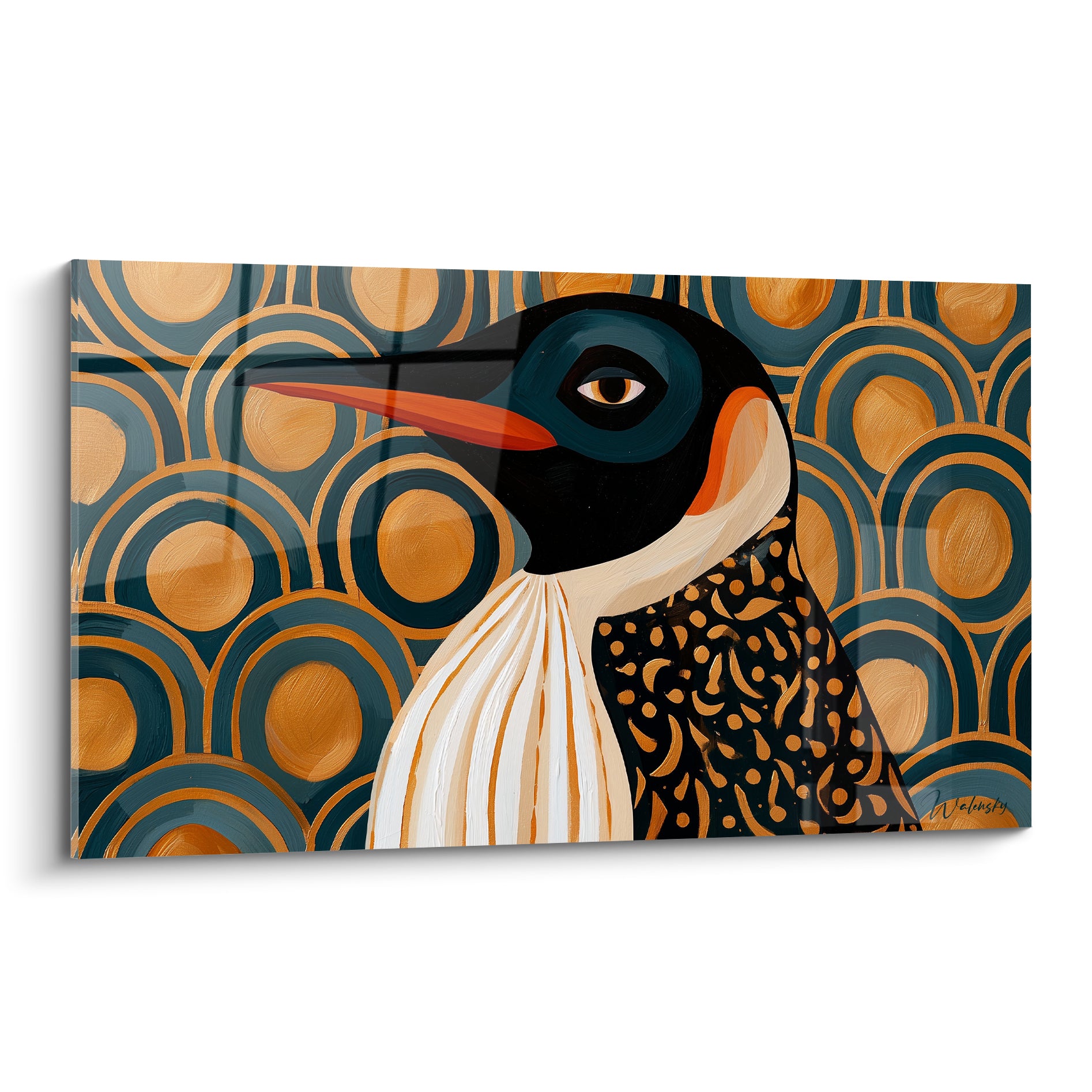 Pingouin de profil au bec orange sur fond bleu canard et cercles dorés, tableau Art déco.