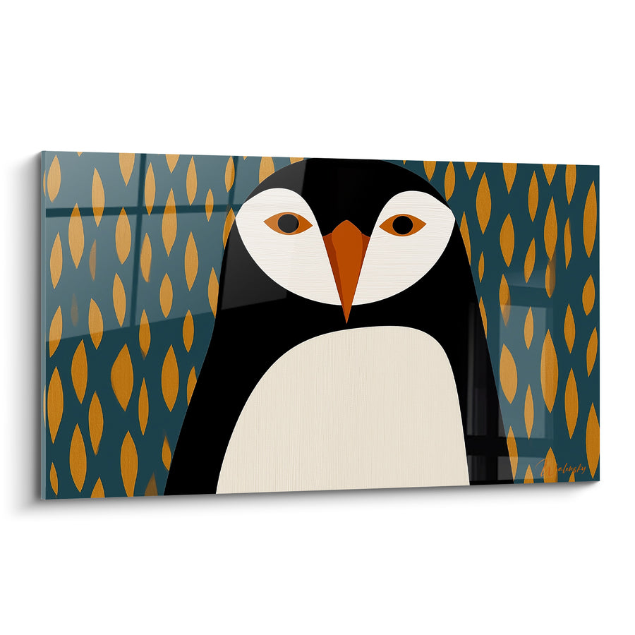 Stylisiertes Pinguinbild mit leuchtend orangefarbenem Schnabel - Schelmische Konfrontation - Pinguin-Edition