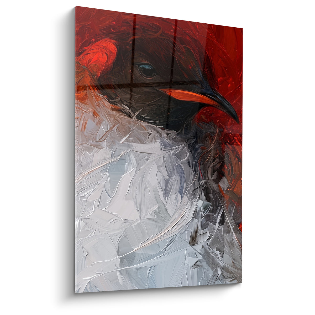 Pingouin au bec orangé et fond rouge intense, empâtements blancs et gris sur le plumage