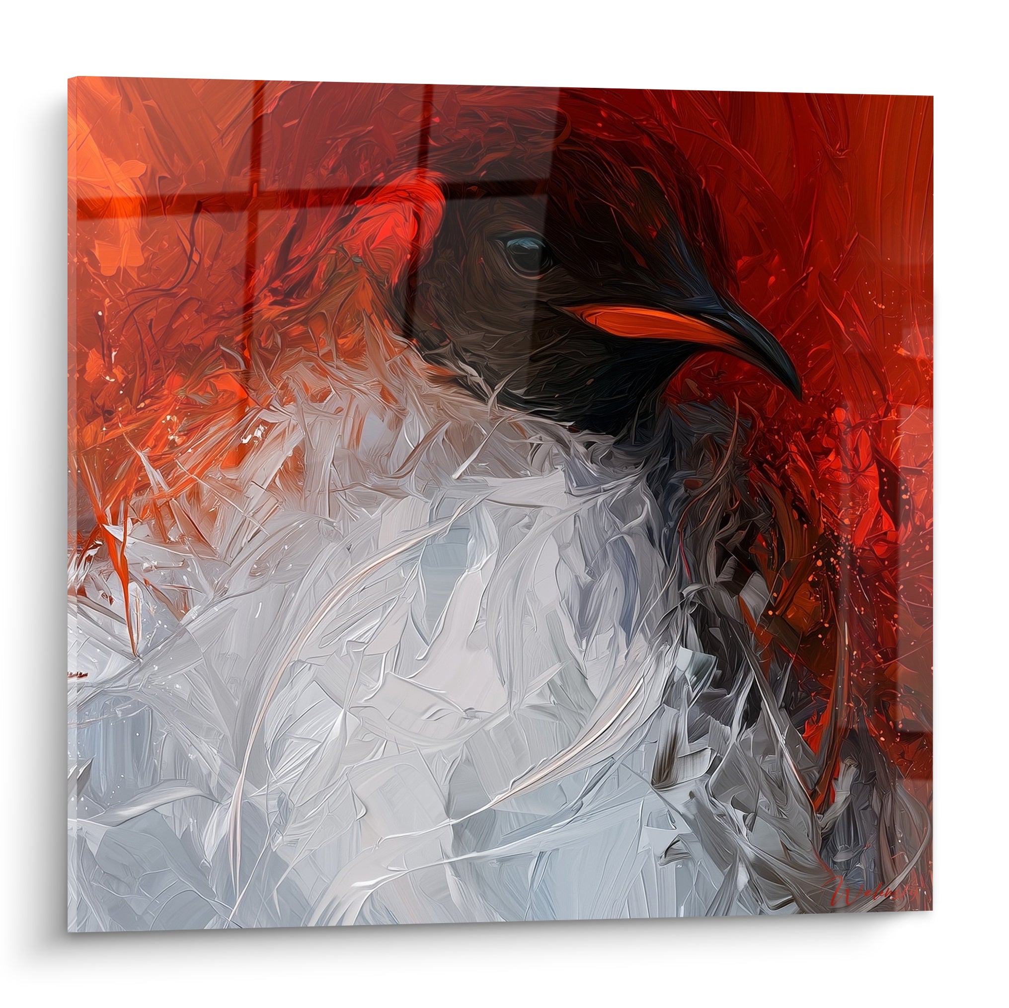 Pingouin au bec orange vif se détache sur un fond rouge intense, plumage blanc texturé et empâtements marqués