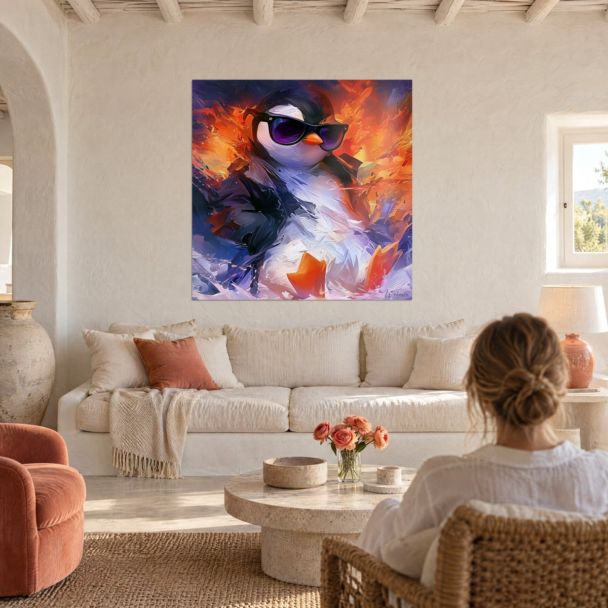 Tableau pingouin cool en lunettes noires, flammes orangées et plumage violet, accroché au-dessus d'un canapé dans un salon lumineux