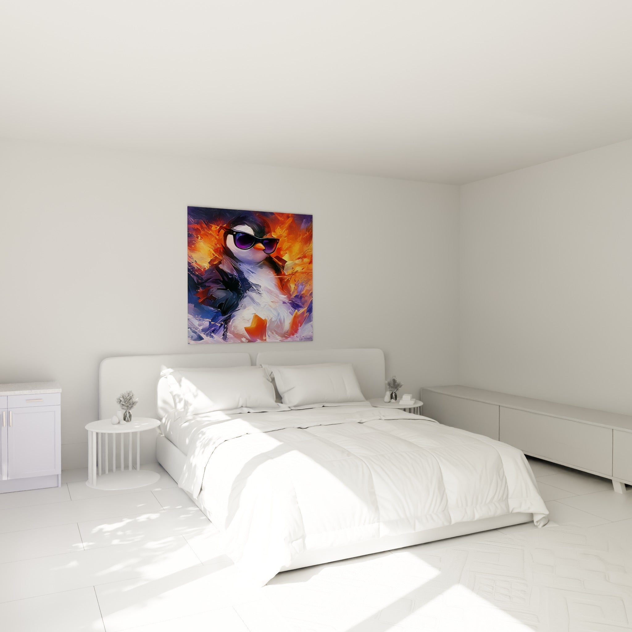 Personnage pingouin aux lunettes sombres et flammes orangées, accroché au-dessus d'un lit dans une chambre claire