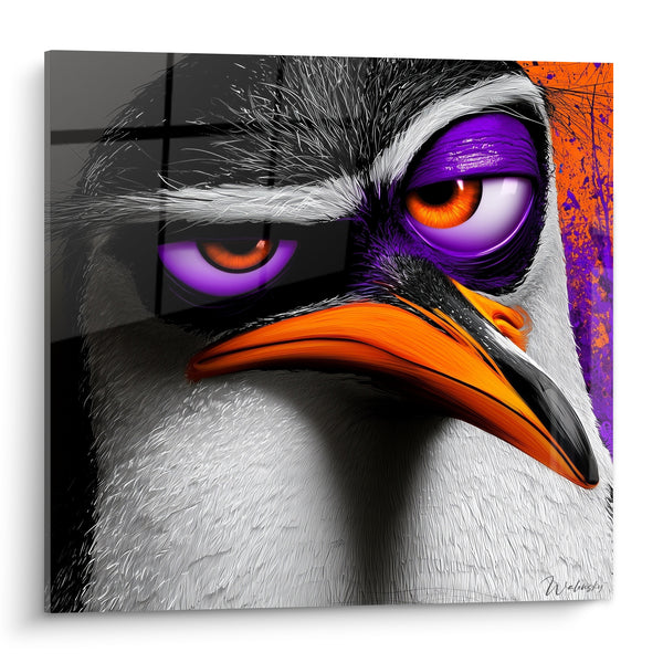 Tableau Pingouin au bec orange et fond violet - Regard qui défie - Edition Pingouin