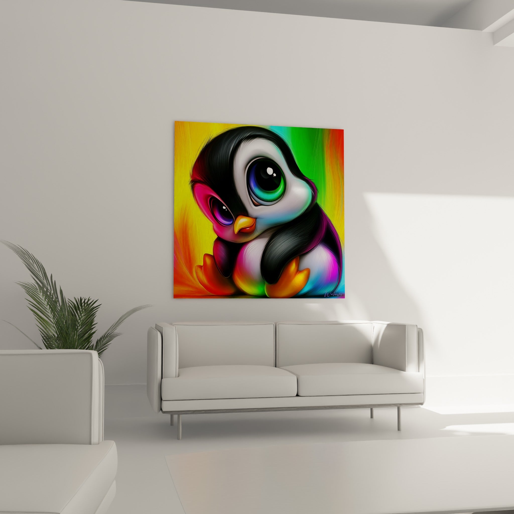 Pingouin au bec orange et plumage rose fuchsia, suspendu au-dessus d'un canapé dans un salon lumineux