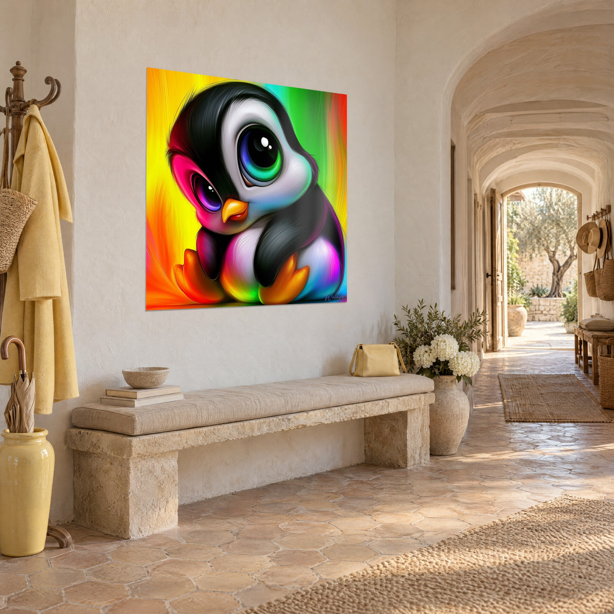 Tableau petit manchot noir et blanc au bec orange, fond jaune et vert vif, vu de trois-quarts dans un couloir voûté de mas provençal