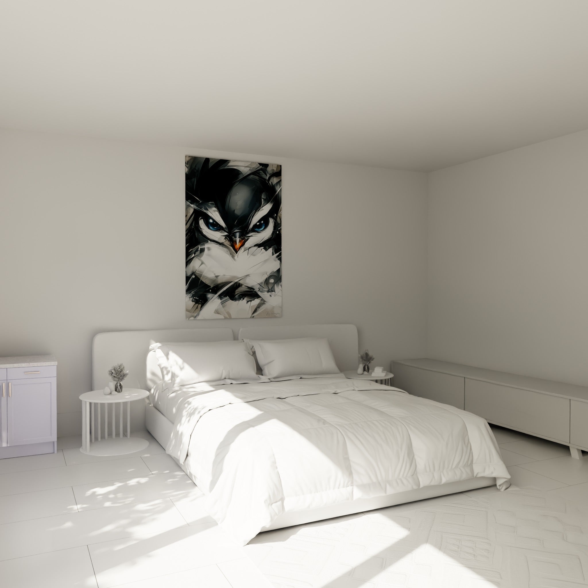 Bec orangé et regard bleu glacial du pingouin anthracite accroché au-dessus d'un lit dans une chambre claire