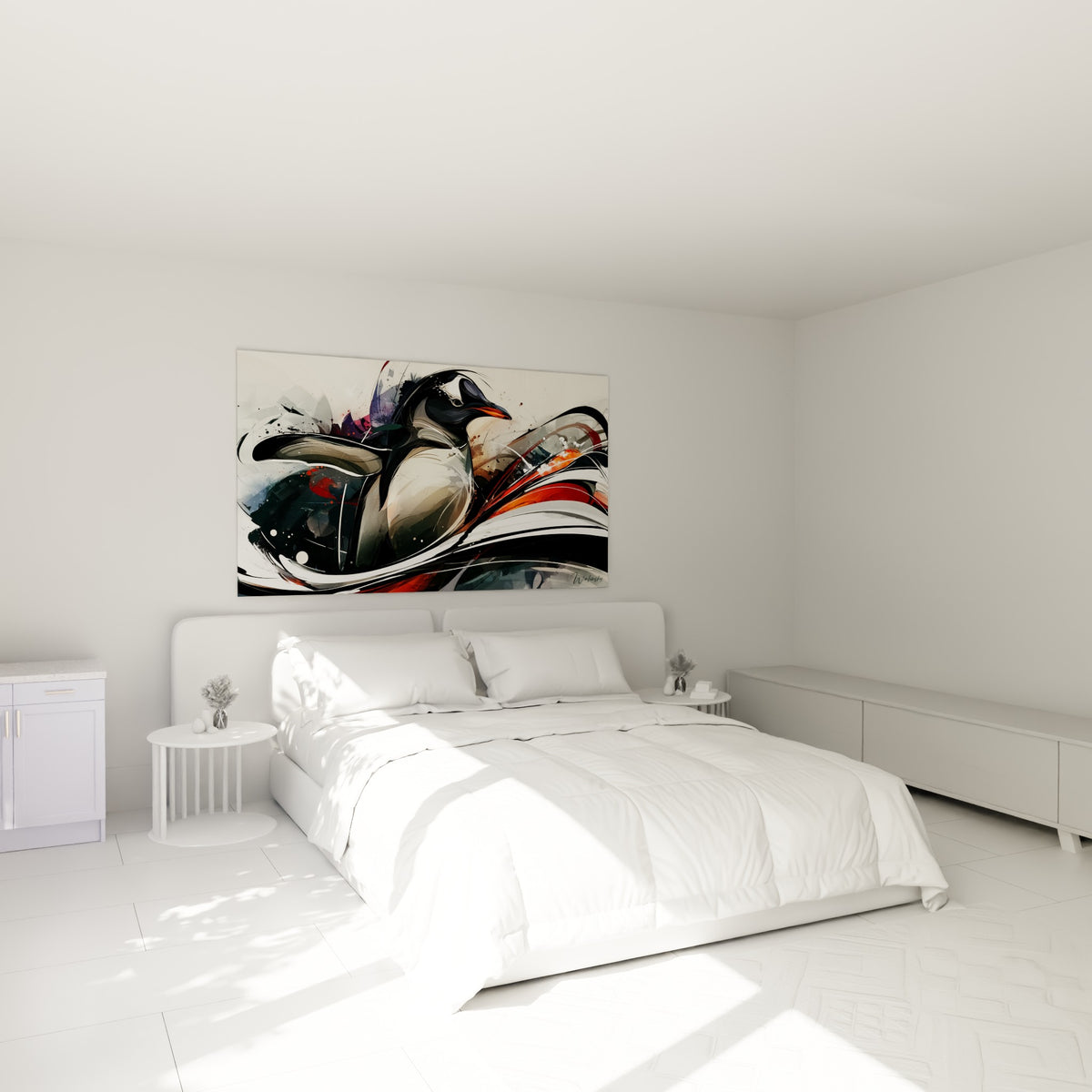 Silhouette de pingouin noir et blanc, touches orangées vibrantes, au-dessus d'un lit dans une chambre claire.
