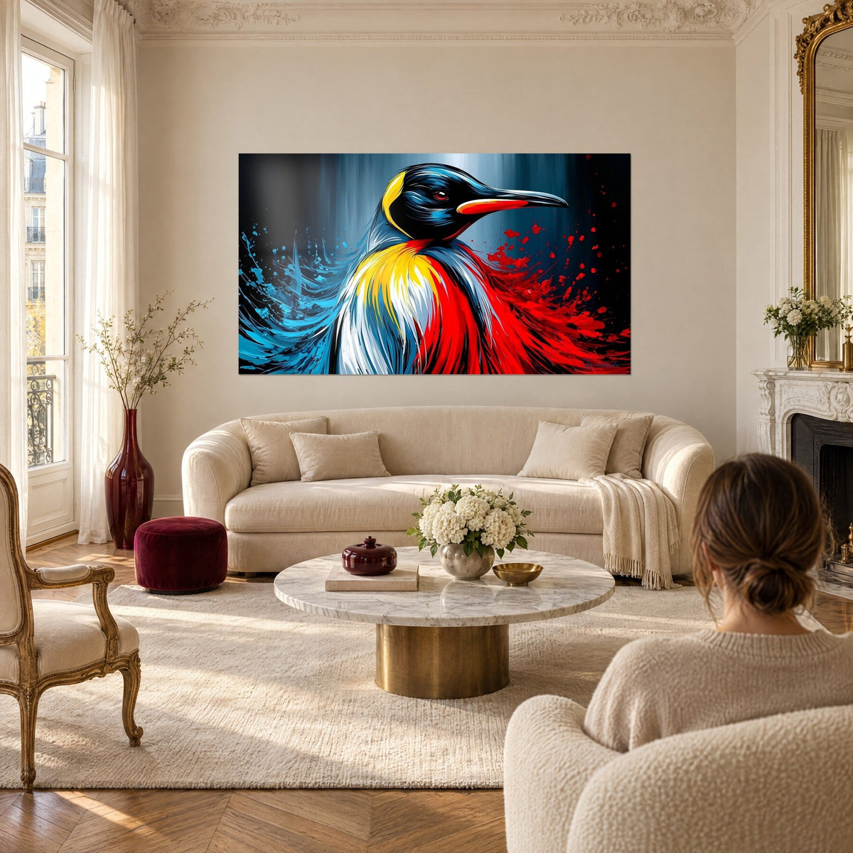 Schilderij keizerspinguïn met geel, rood en gletsjerblauw verenkleed, boven een bank in een lichte woonkamer