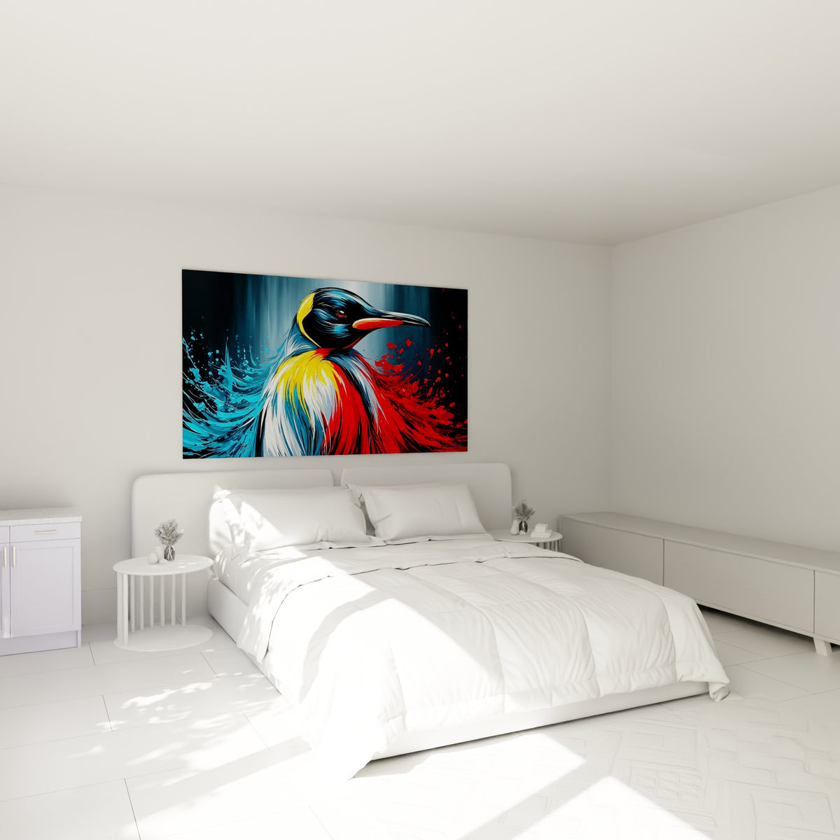 Regard rouge intense d'un pingouin bleu et rouge, accroché au-dessus d'un lit dans une chambre claire