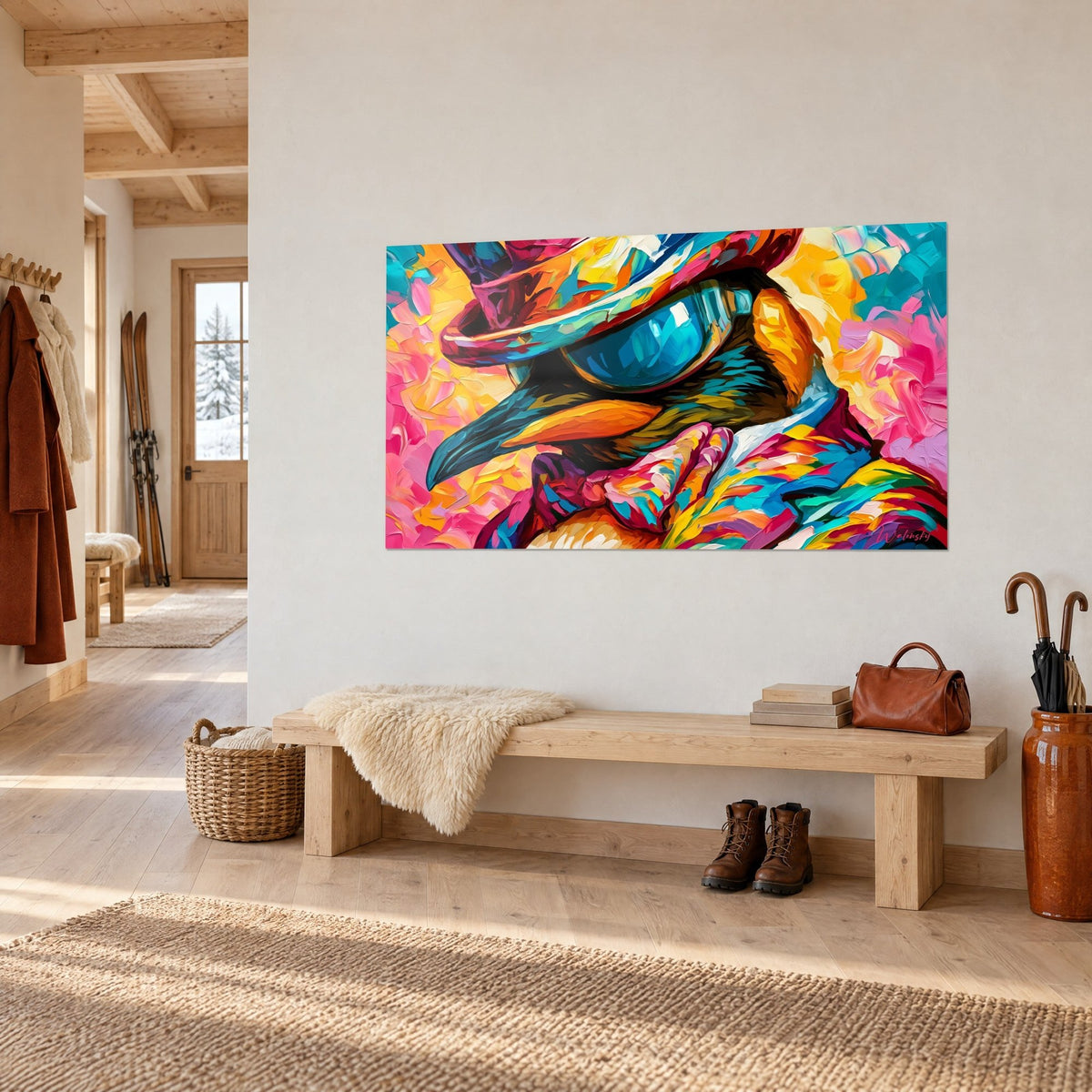 Schilderij pinguïn met magentakleurige vlinderdas en saffraangeel verenkleed, roze en turquoise achtergrond, op witte muur in een chalet