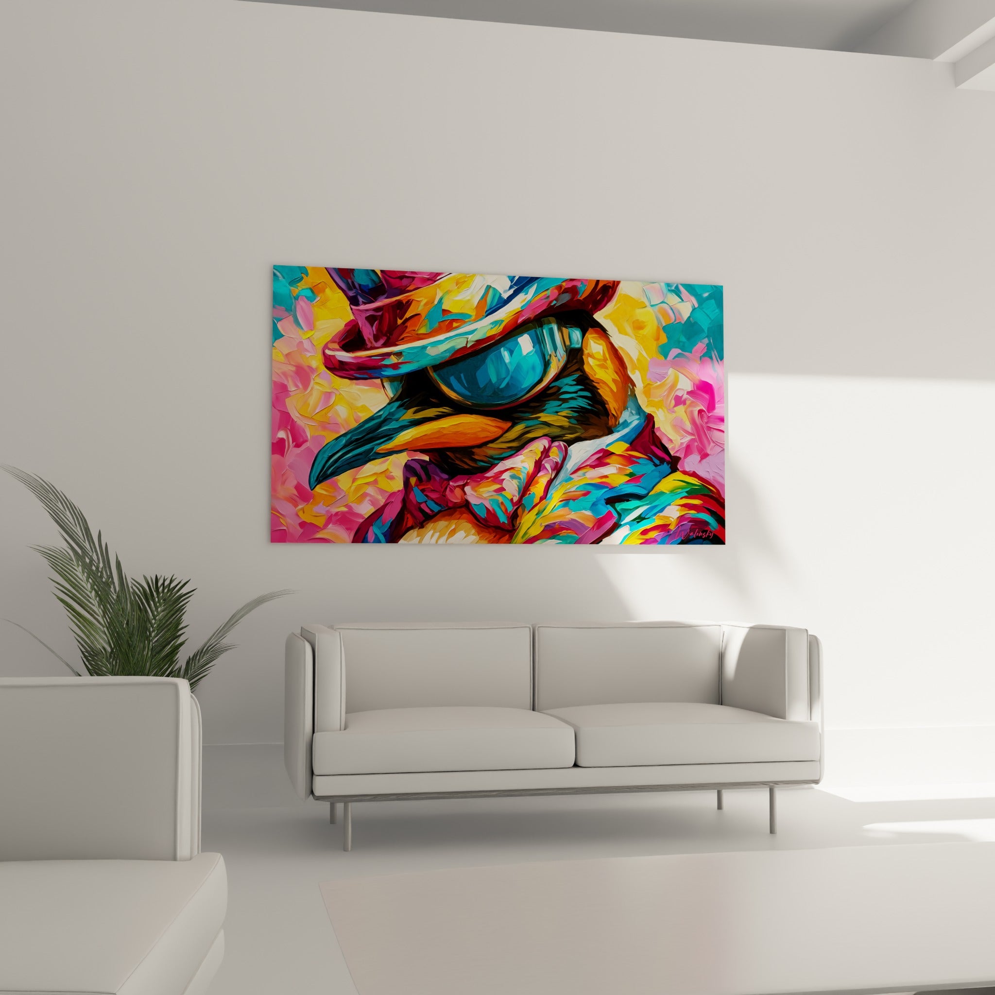 Pingouin facétieux en lunettes bleues et chapeau rétro, peinture vive au-dessus d'un canapé dans un salon lumineux