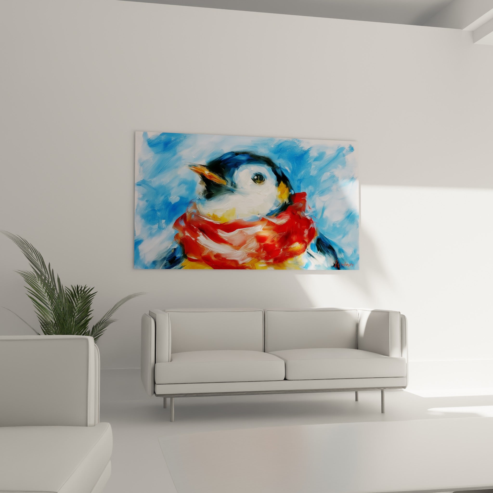 Bec orangé et plumage blanc du pingouin enveloppé de rouge et d'ocre au-dessus d'un canapé dans un salon lumineux