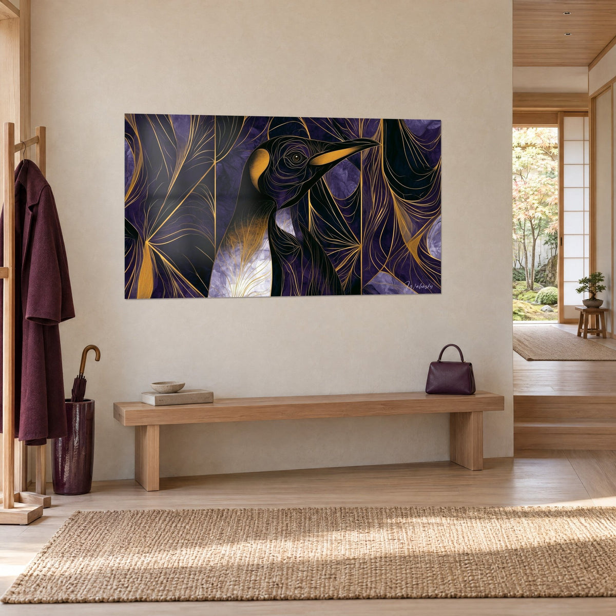 Schilderij poolvogel in profiel, zwart verenkleed en lavendelkleurige borst, gouden aderen, crèmekleurige muur en lichte houten bank