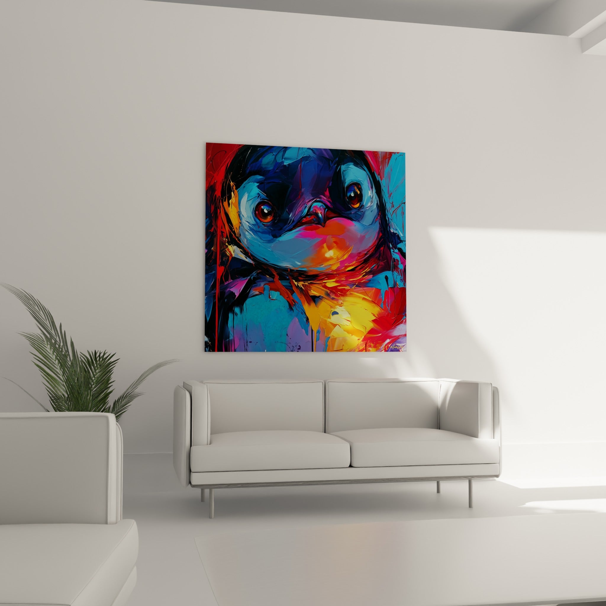 Portrait expressif d'un pingouin bleu marine au bec orangé, suspendu au-dessus d'un canapé dans un salon lumineux