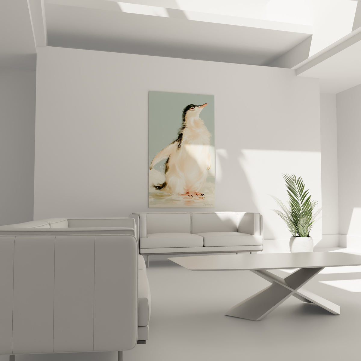 Silhouette de pingouin crème et vert d'eau au bec orangé, au-dessus d'un canapé dans un salon lumineux