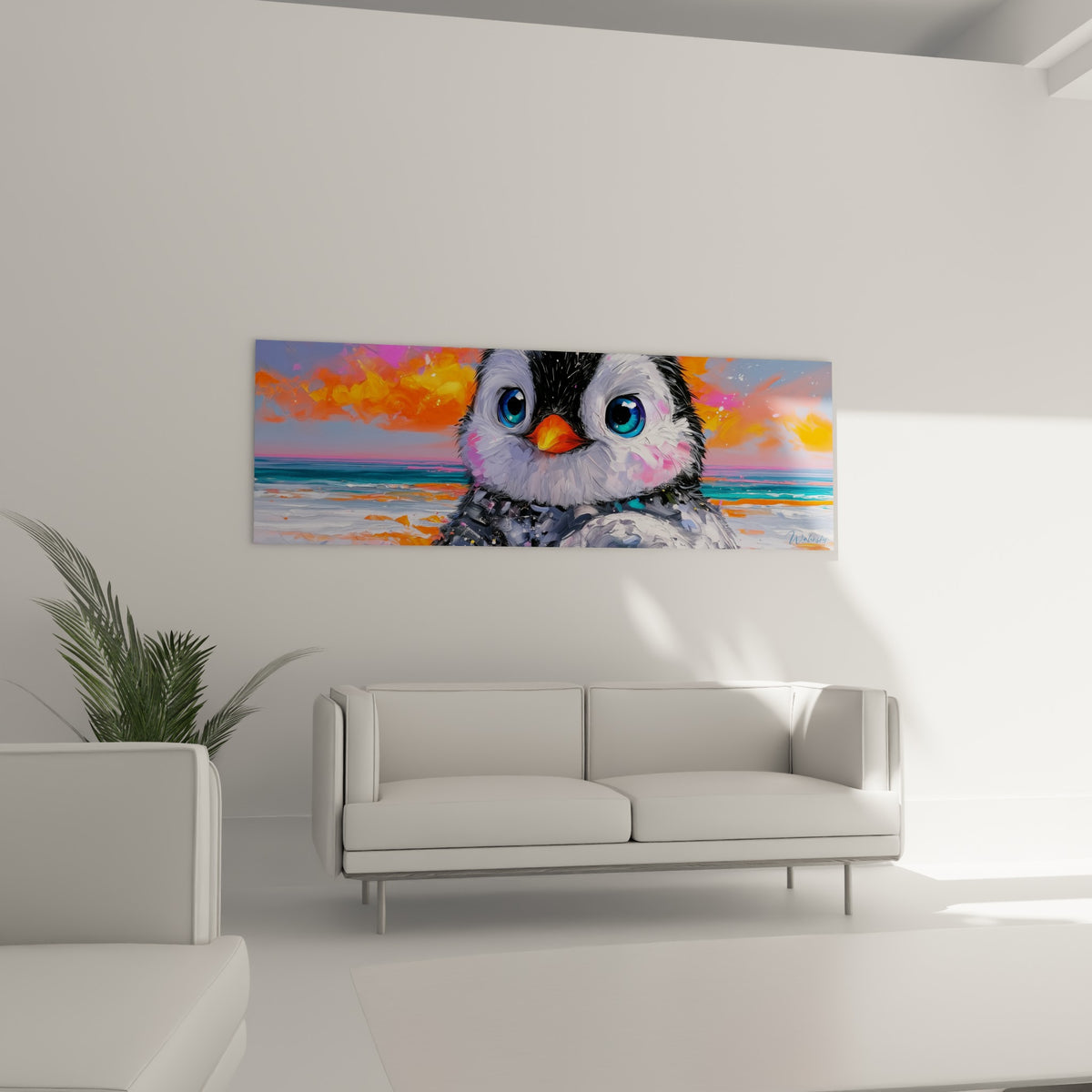Bec orangé vif et plumage texturé du pingouin visibles au-dessus d'un canapé dans un salon lumineux