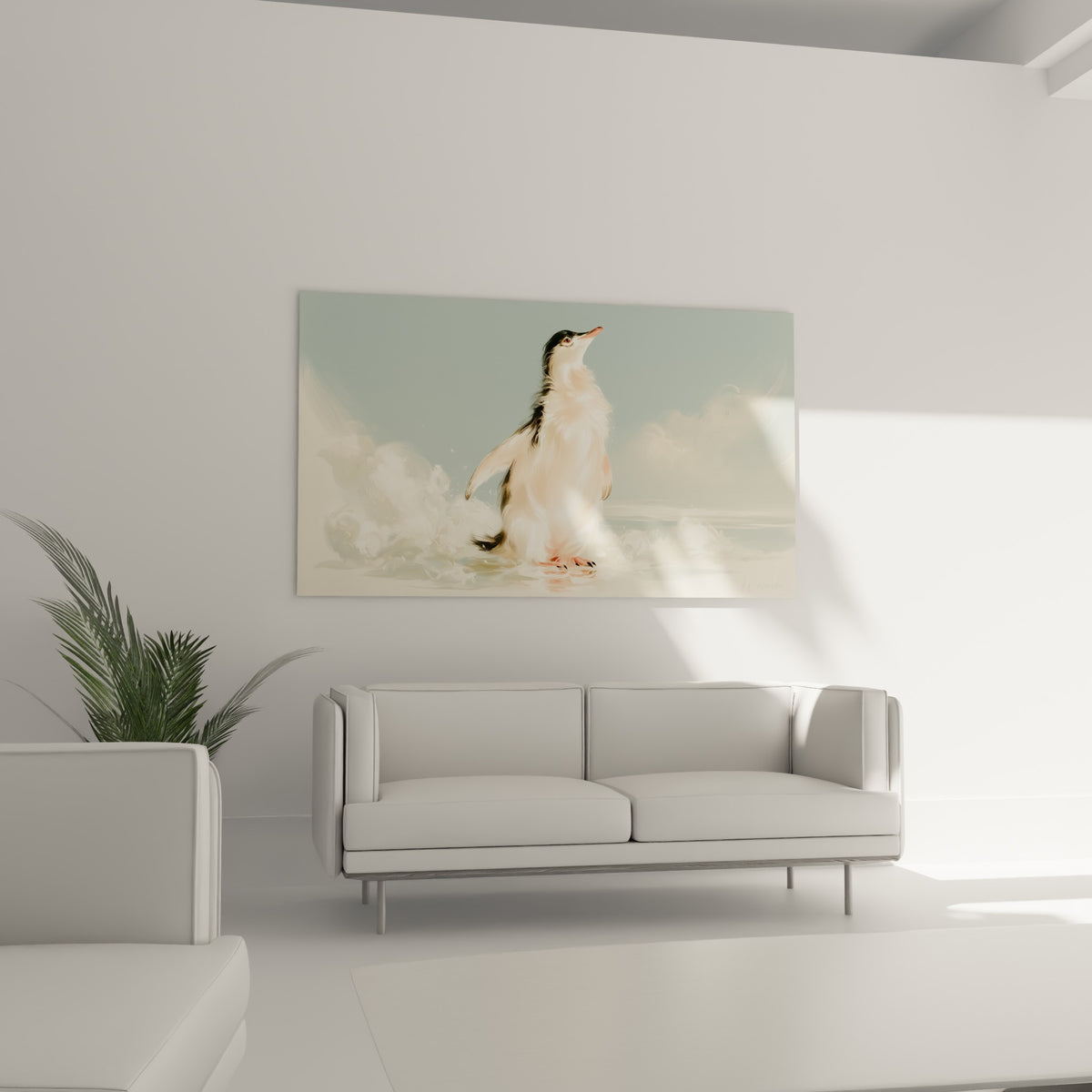 Jeune pingouin au bec orangé et plumage nacré, au-dessus d'un canapé dans un salon lumineux