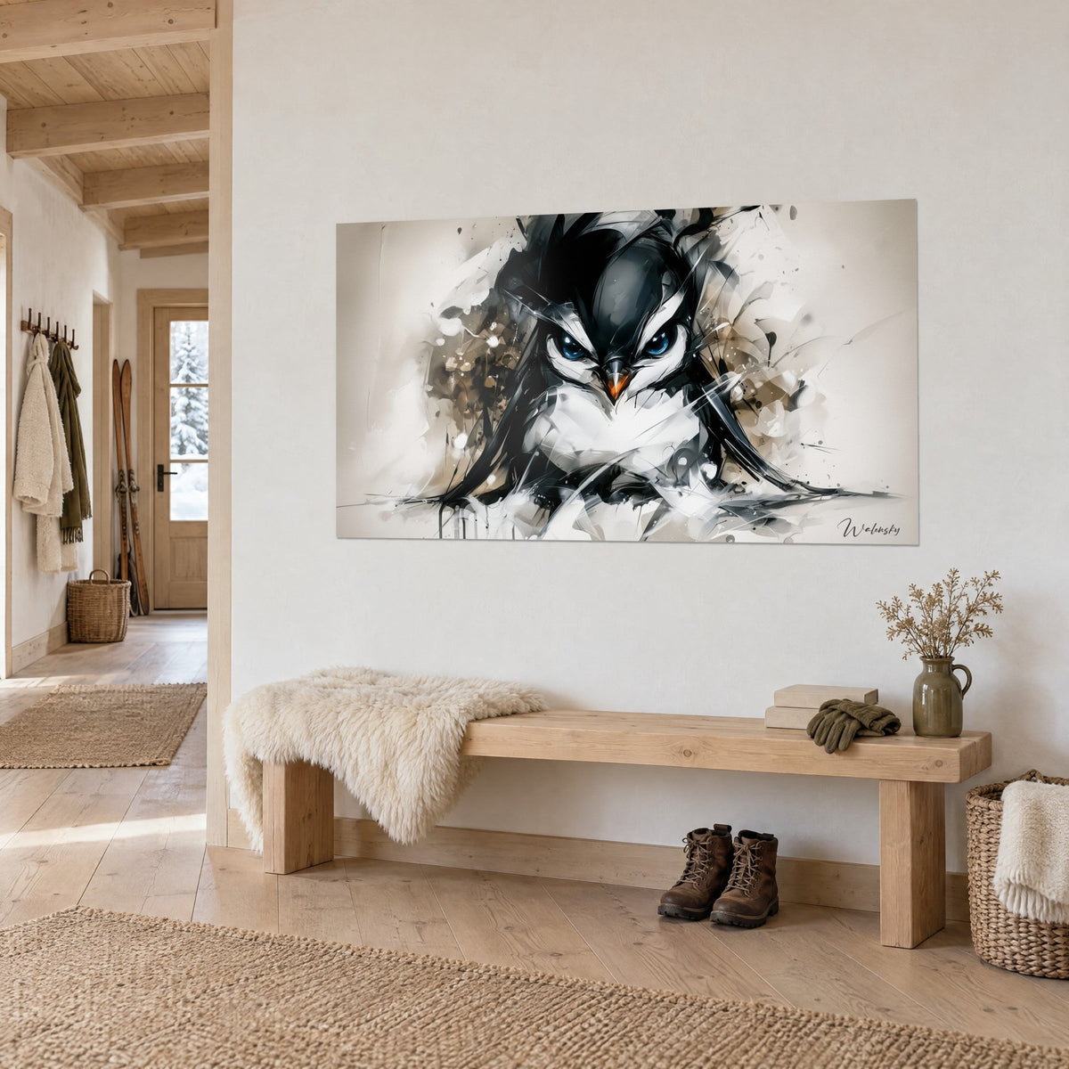 Schilderij woedende pinguïn met saffierblauwe ogen, oranje snavel, bruine en zwarte spatten, op een witte entreemuur van een chalet