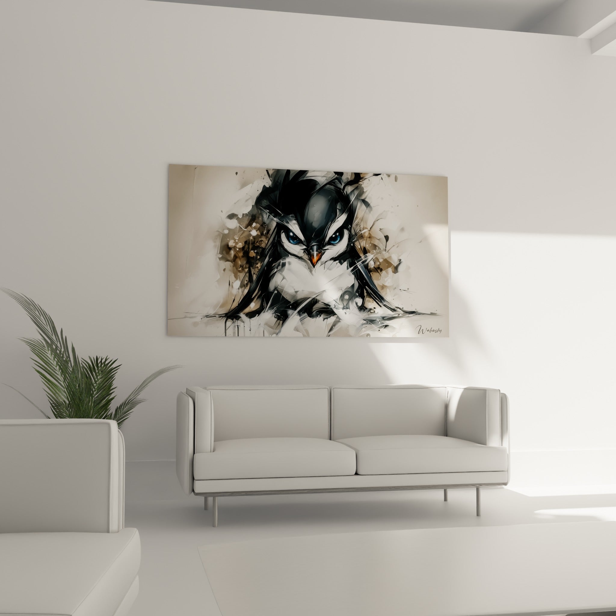 Bec orangé du pingouin ressortant sur fond beige, accroché au-dessus d'un canapé dans un salon lumineux
