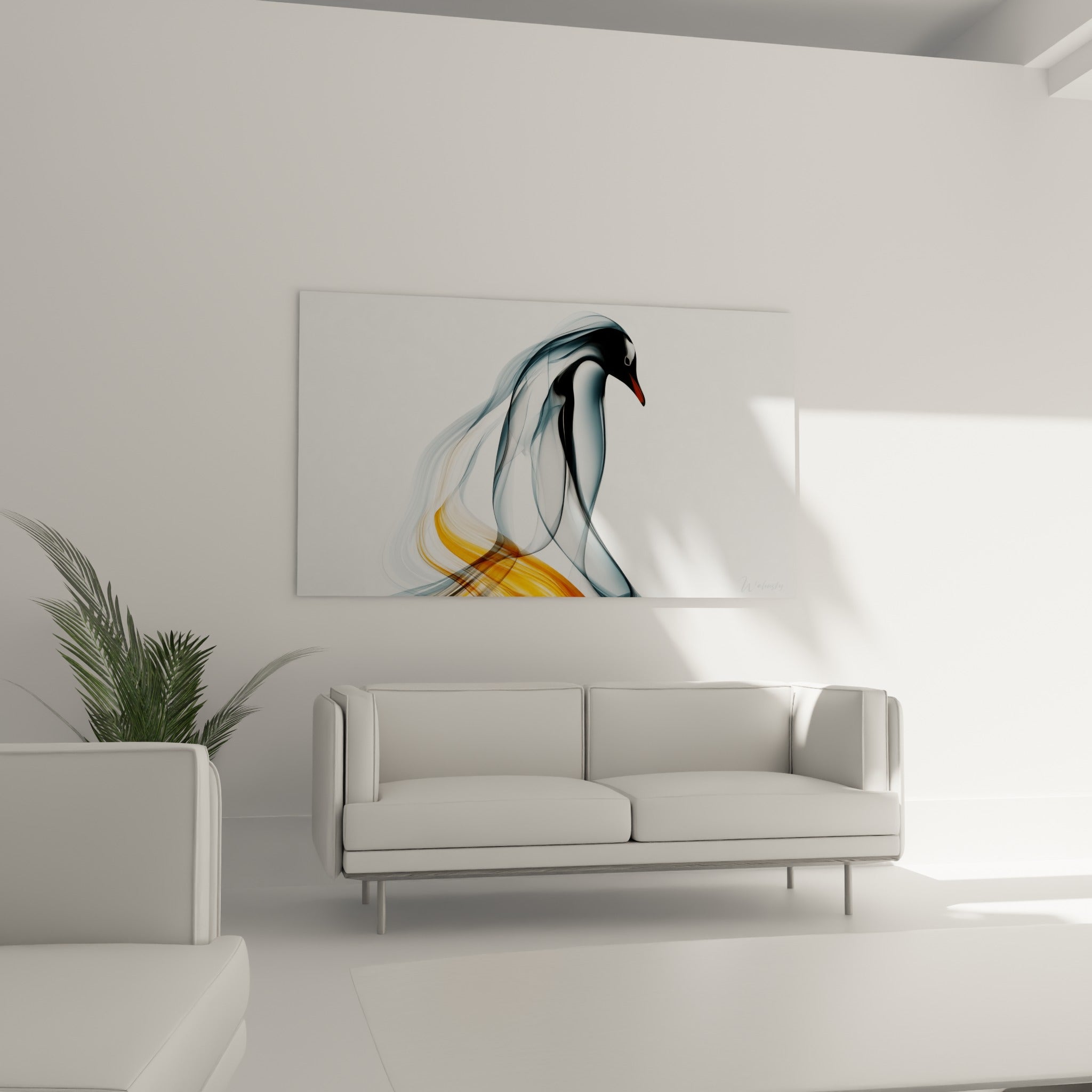 Bec orangé et voiles anthracite du pingouin accrochés au-dessus d'un canapé dans un salon lumineux
