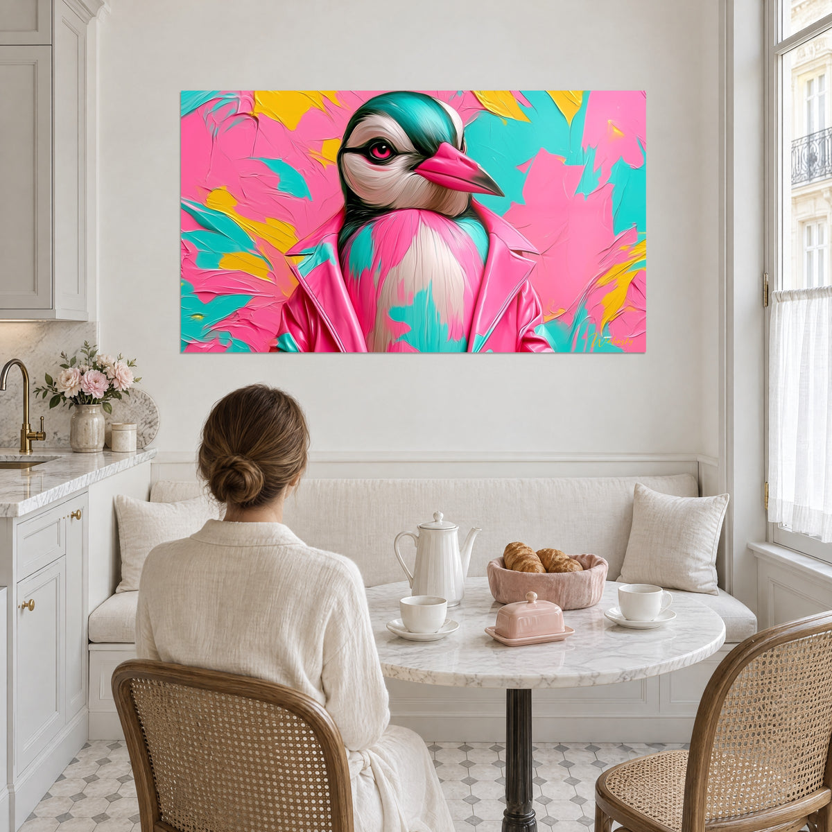 Tableau manchot punk au blouson de cuir rose et col turquoise, empâtements jaunes, femme de dos près d'un thé en cuisine claire