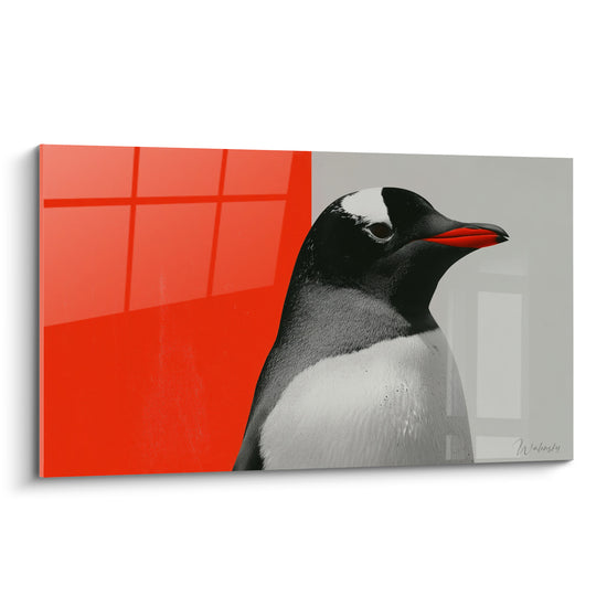 Pingouin au bec rouge en profil, plumage noir et blanc, fond rouge vif et gris graphique