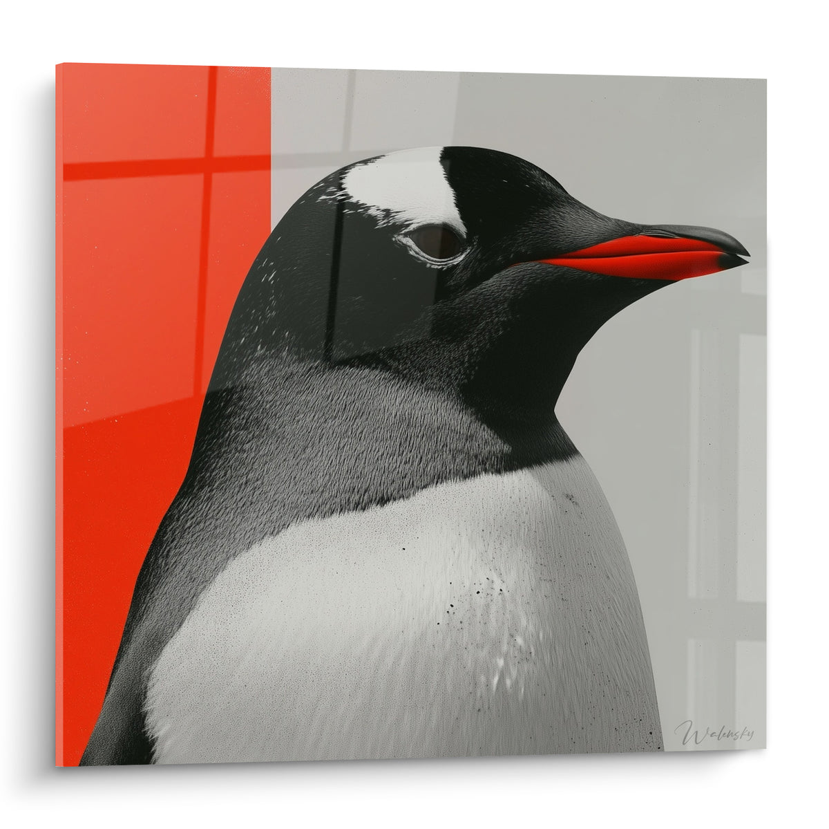 Pingouin en gros plan, plumage noir et blanc, bec rouge vif, fond orange et gris géométrique