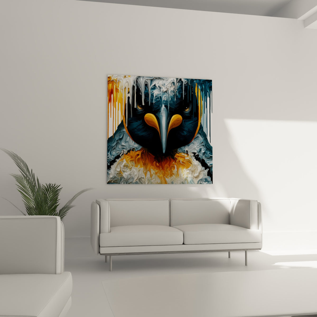 Visage animal en fusion bleu nuit et jaune moutarde, suspendu au-dessus d'un canapé dans un salon lumineux