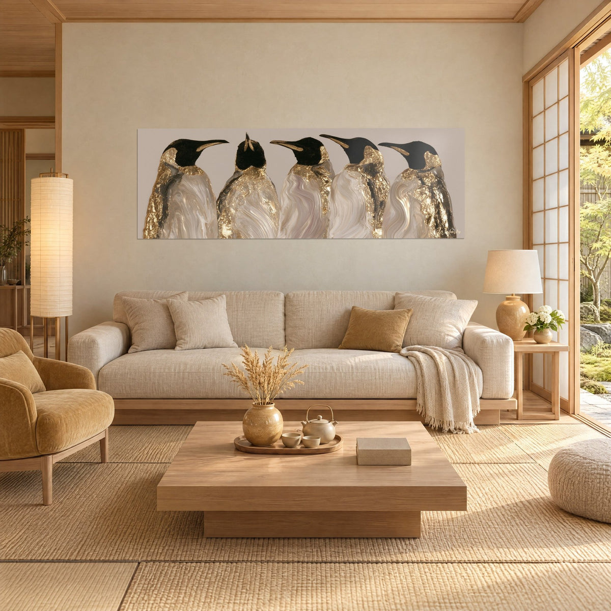 Gemälde fünf Pinguine mit schwarzem und goldenem Gefieder auf taupefarbenem Grund, Schnäbel nach vorn gerichtet, über einem Sofa in einem hellen Wohnzimmer