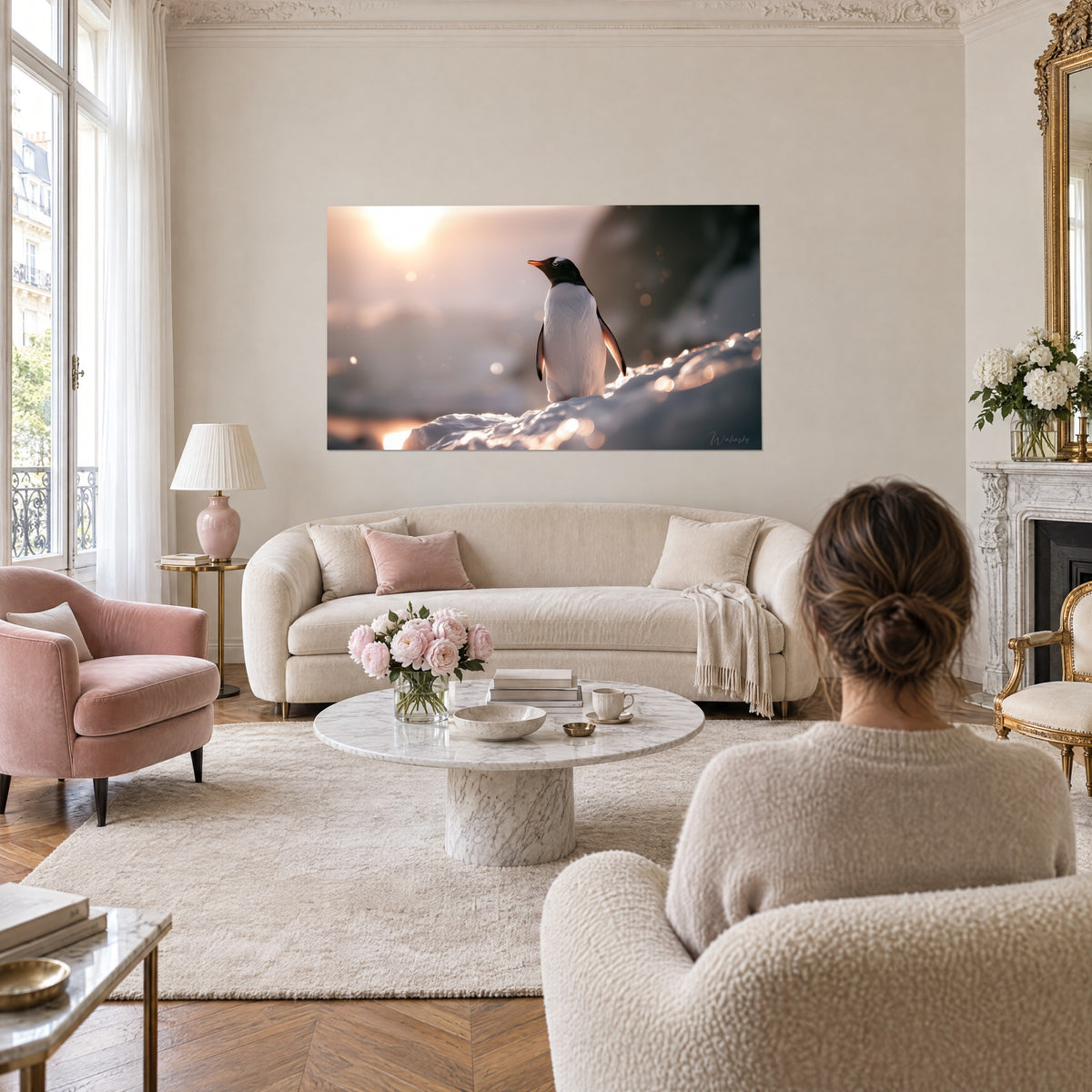 Gemälde Eselspinguin im goldenen Gegenlicht, weiß-schwarzes Gefieder, orangefarbener Schnabel, über einem Sofa in einem hellen Wohnzimmer