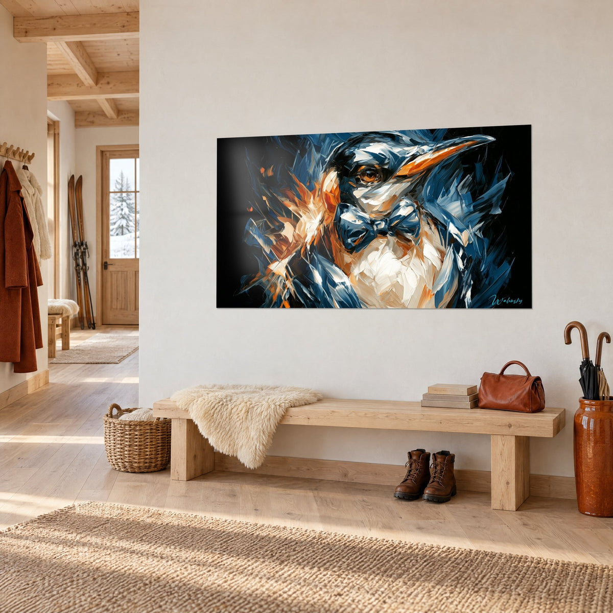 Wall art seabird in a gala tuxedo, midnight blue and white plumage, amber eye, hung in the entrance of a chalet