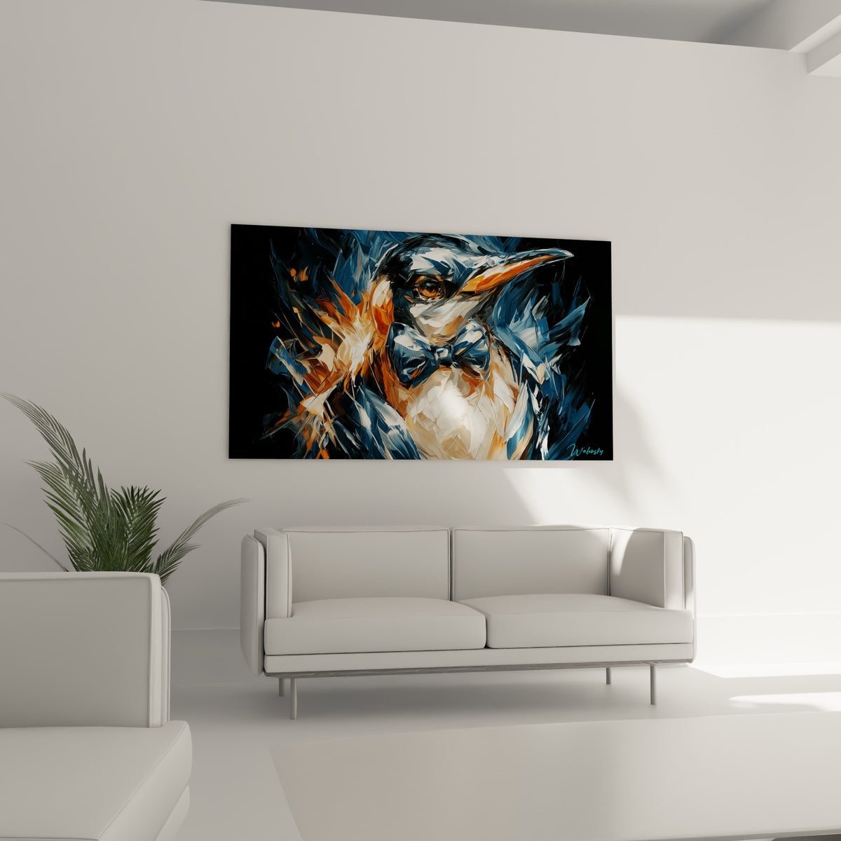 Pingouin au nœud papillon bleu marine, touches blanches et orangées expressives, au-dessus d'un canapé dans un salon lumineux
