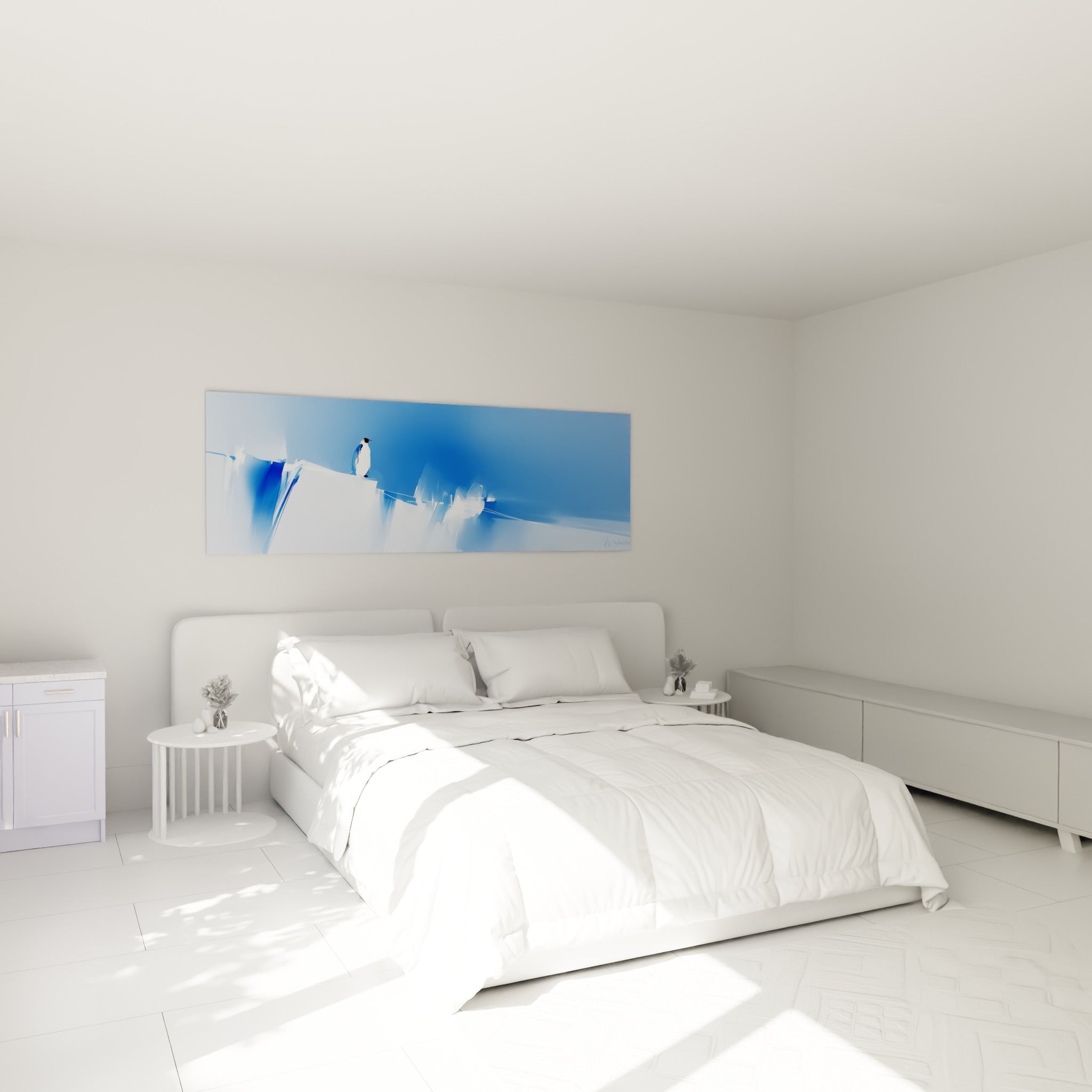 Silhouette de pingouin sur banquise bleue et blanche, au-dessus d'un lit dans une chambre claire