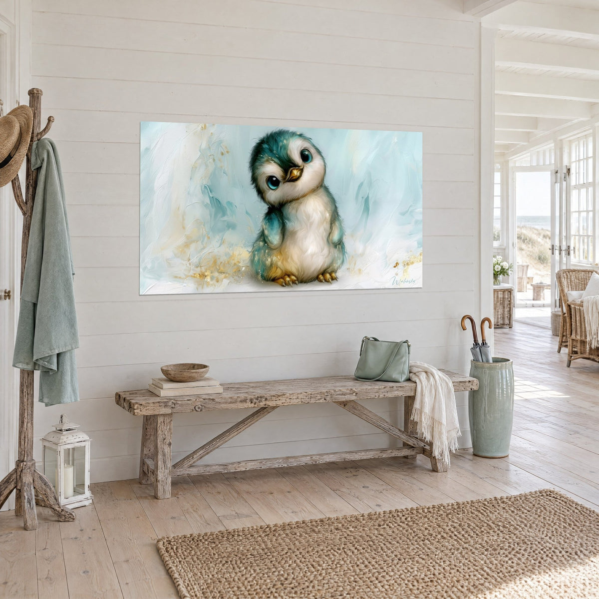 Gemälde Polar-Küken mit geneigtem Köpfchen, elfenbeinfarbener Bauch und entenblauer Rücken auf eisigem Hintergrund, in einem Haus am Meer