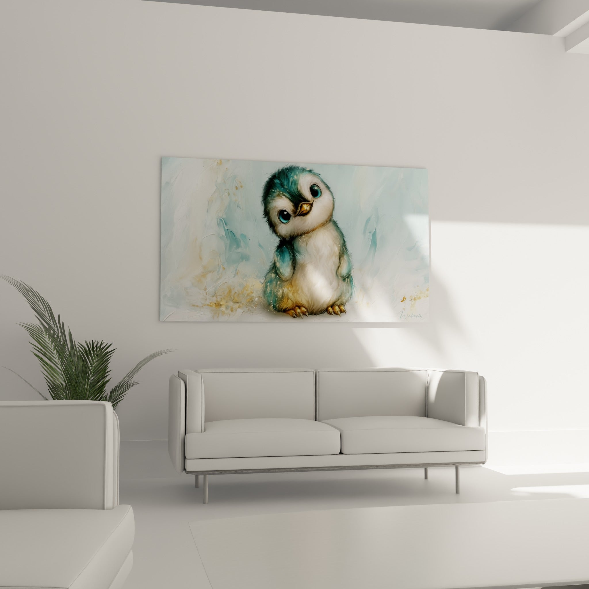 Bébé pingouin turquoise et blanc au regard tendre, au-dessus d'un canapé dans un salon lumineux