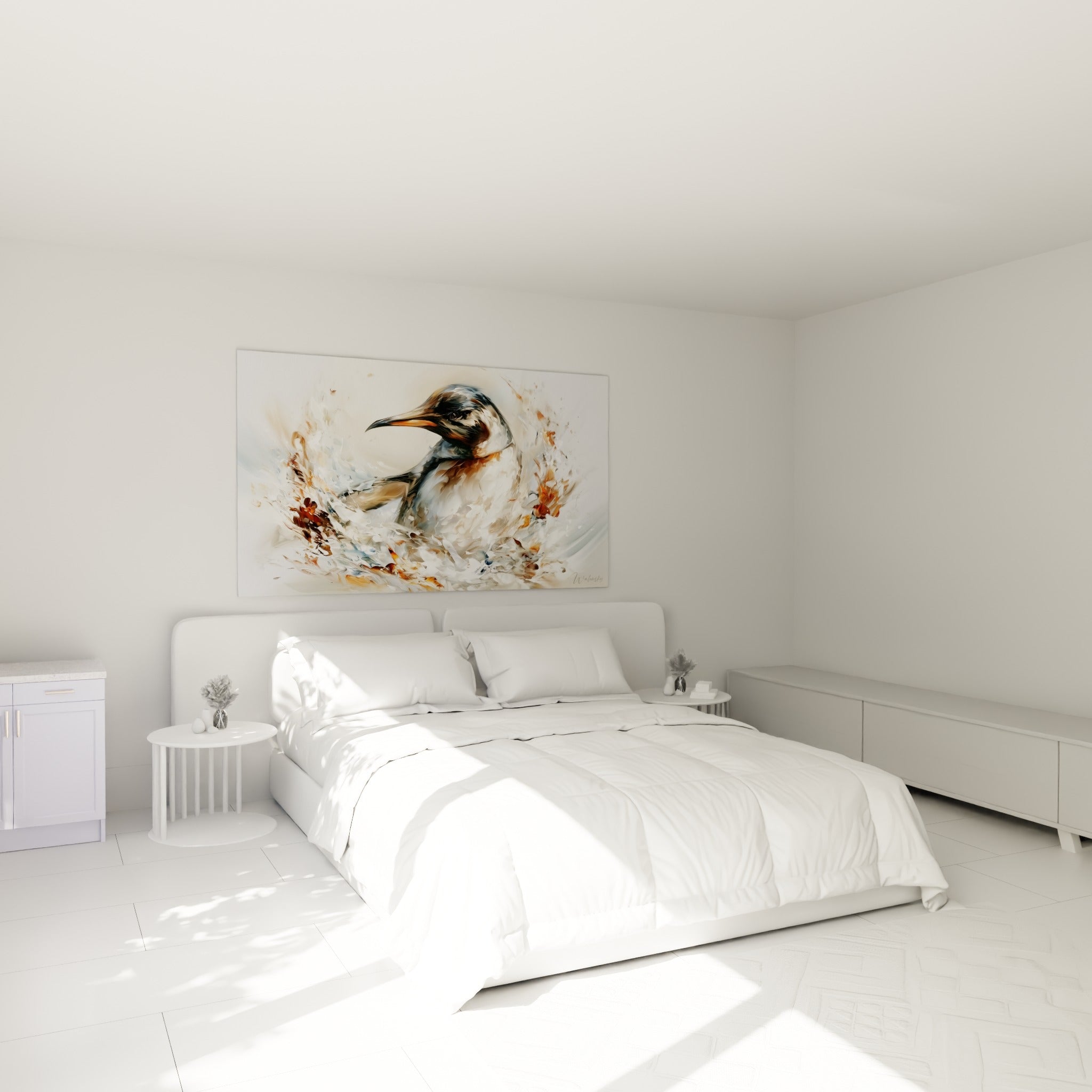 Portrait de pingouin blanc et ocre en tourbillon d'écume, accroché au-dessus d'un lit dans une chambre claire