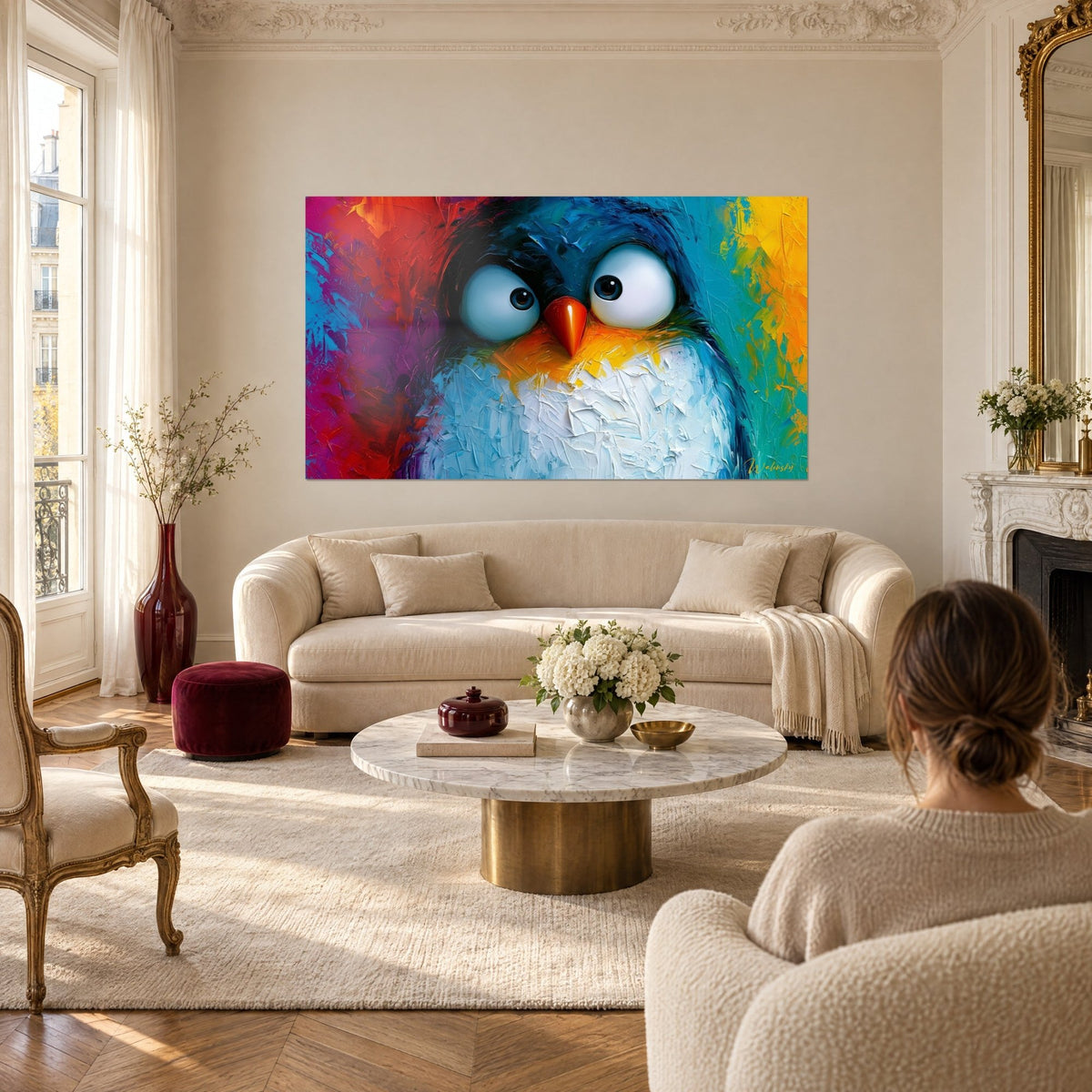 Quadro pinguino dagli occhi spalancati, piumaggio blu notte e ventre bianco perlato, arancio vivo, sopra un divano in un soggiorno luminoso
